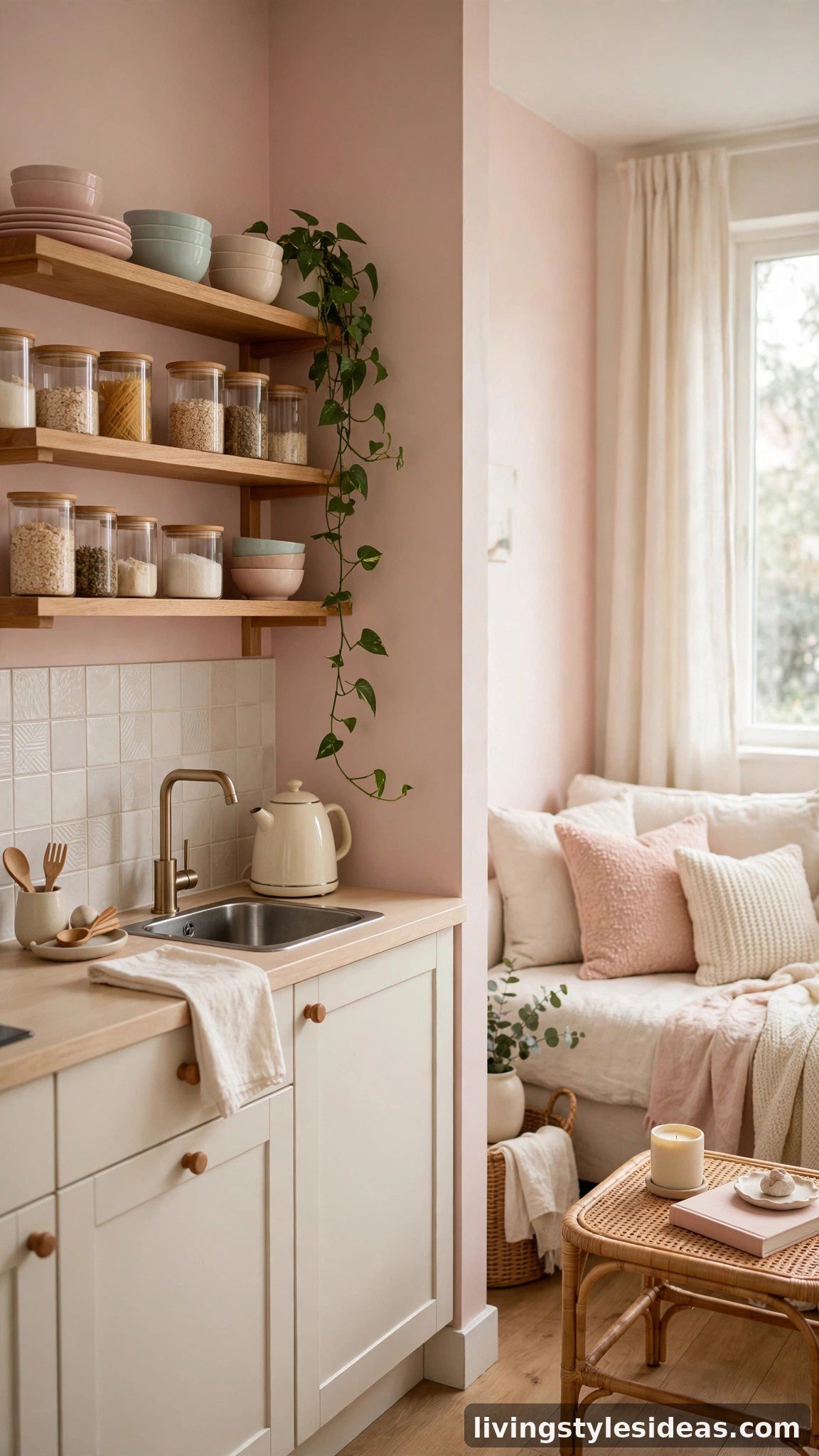 Cute kitchenette with open shelving displaying pastel dishes and glassware