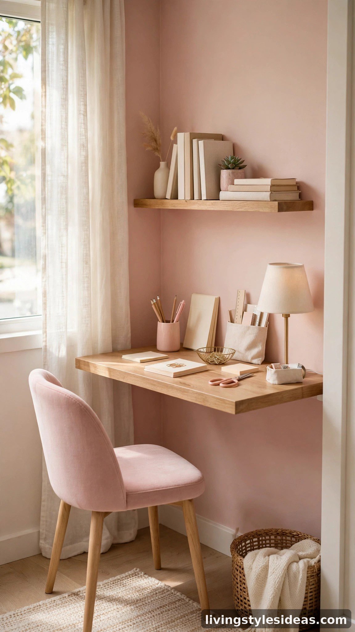 Floating wall-mounted desk styled as a cute work corner in a studio apartment