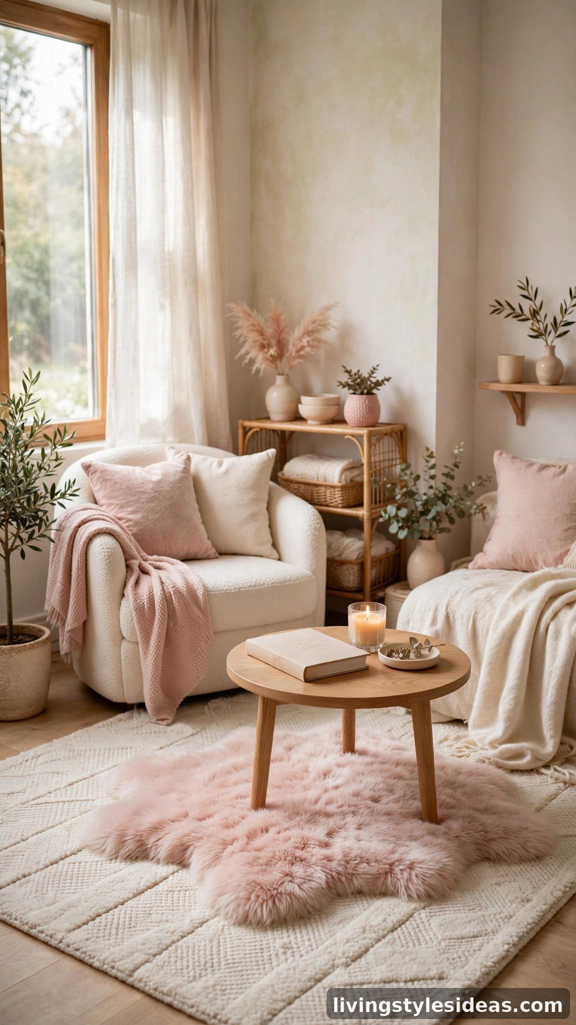 Layered plush cream and blush pink rugs under a coffee table in a cute studio