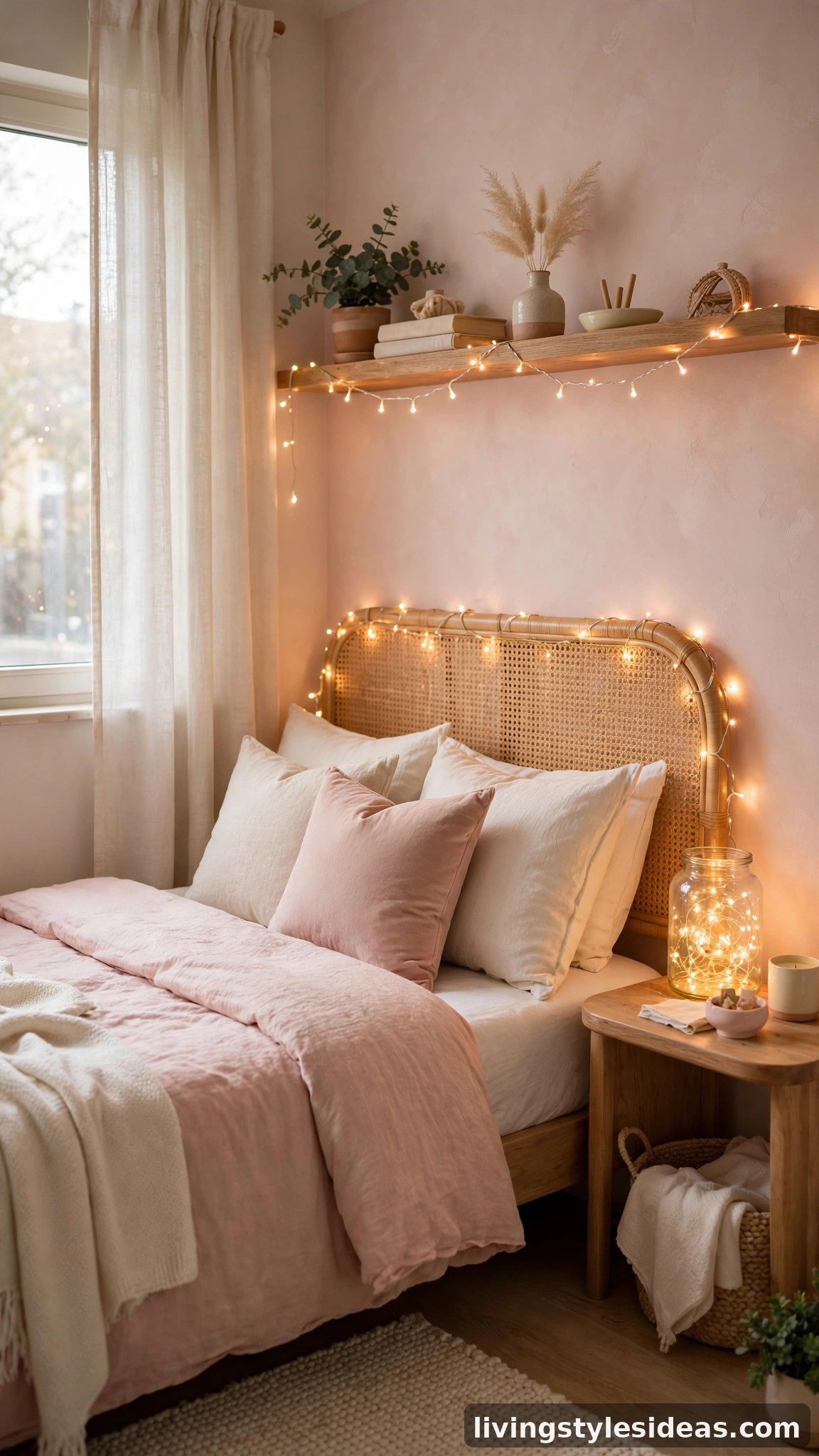 Warm fairy string lights draped above a bed in a cute studio apartment