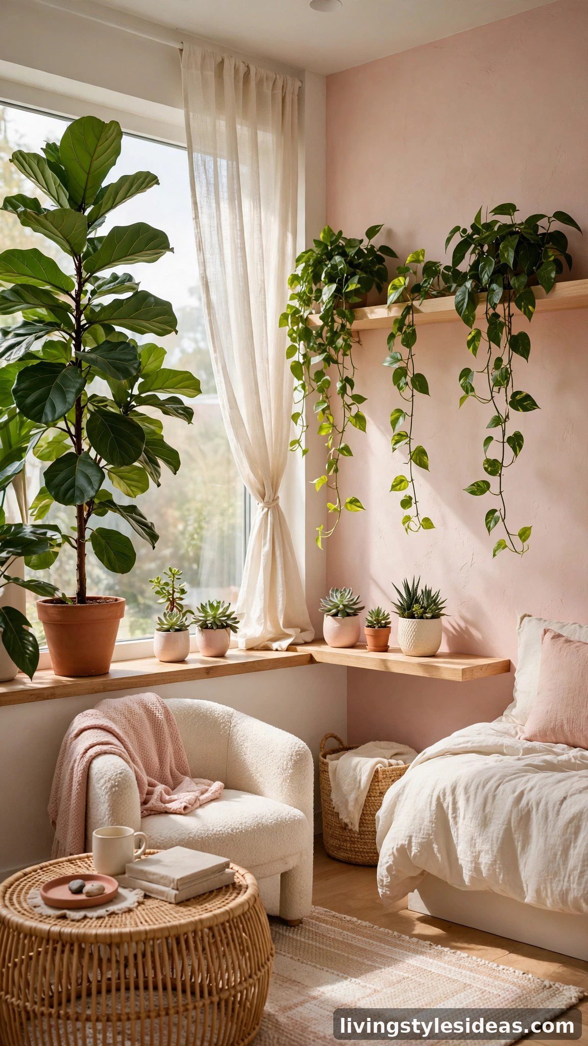 Plant-filled corner with trailing greenery in a cute studio apartment