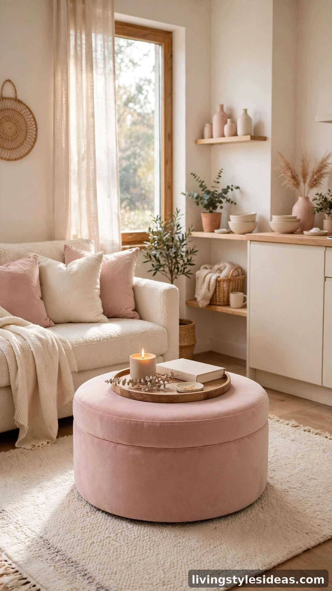 Blush pink storage ottoman doubling as coffee table and extra seating in a studio