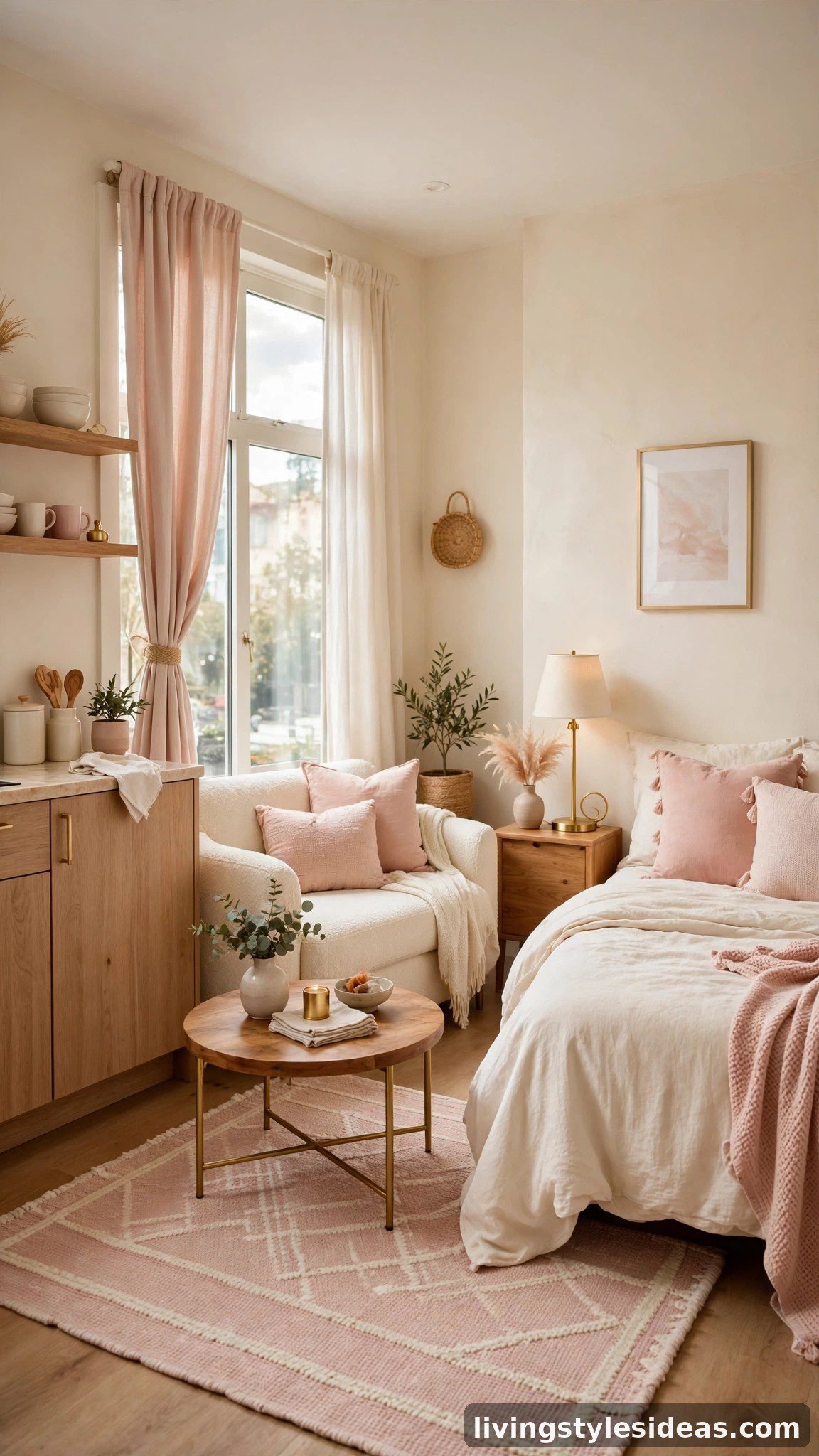 Cream and blush pink color palette tying together a cute studio apartment living space