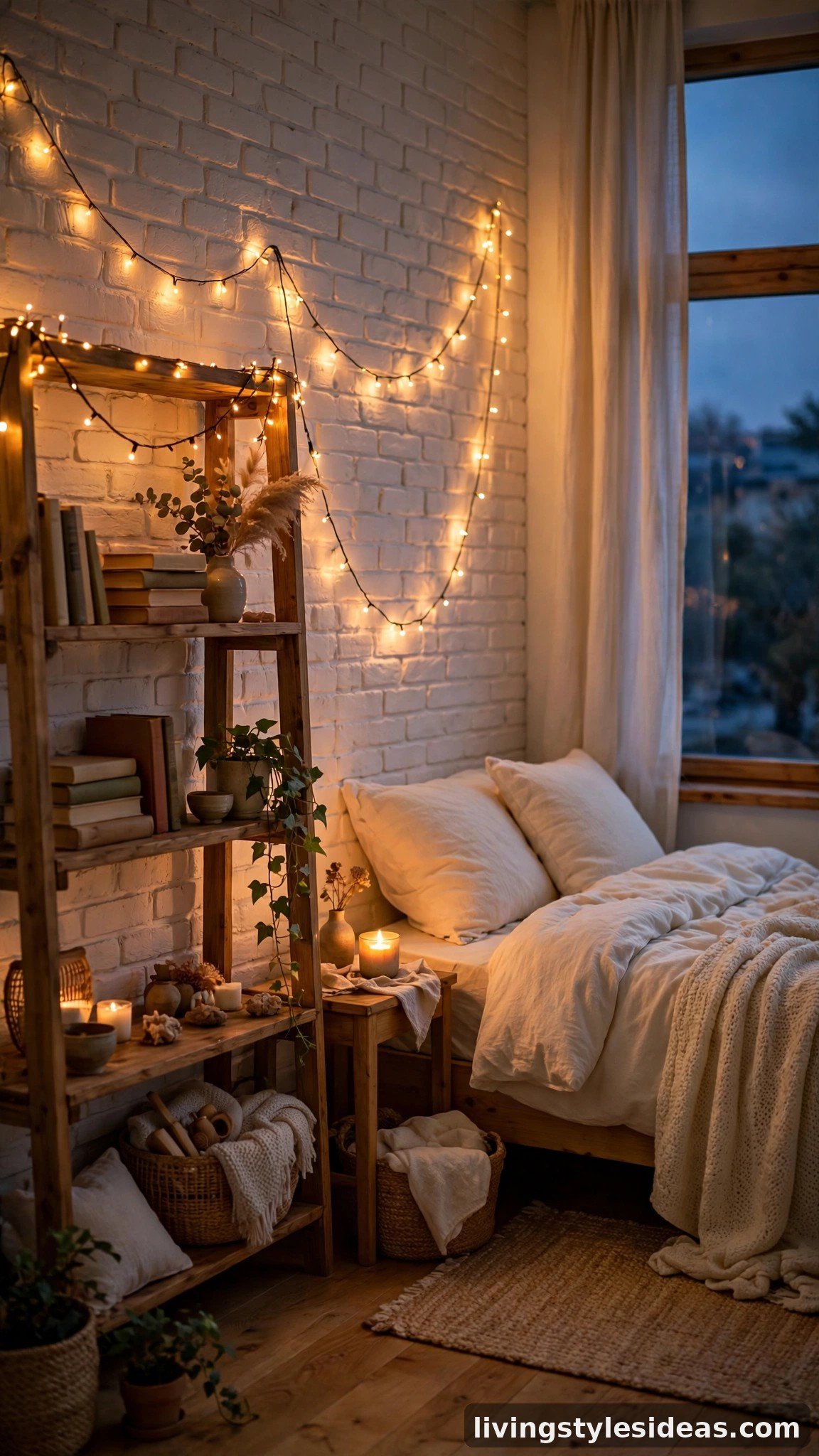 Warm fairy string lights glowing in a cozy studio apartment at dusk