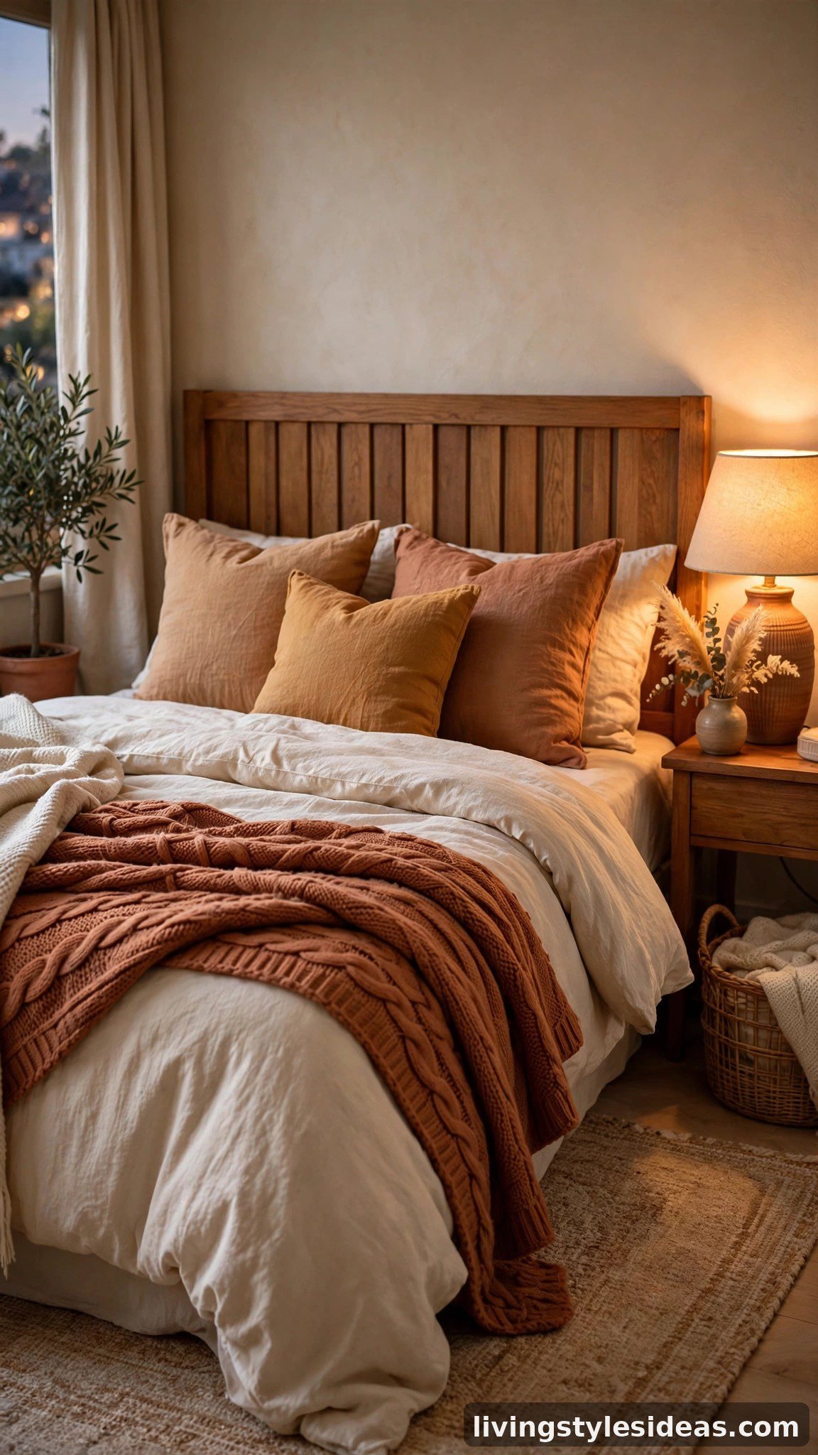 Layered cream and terracotta bedding on a cozy studio apartment bed