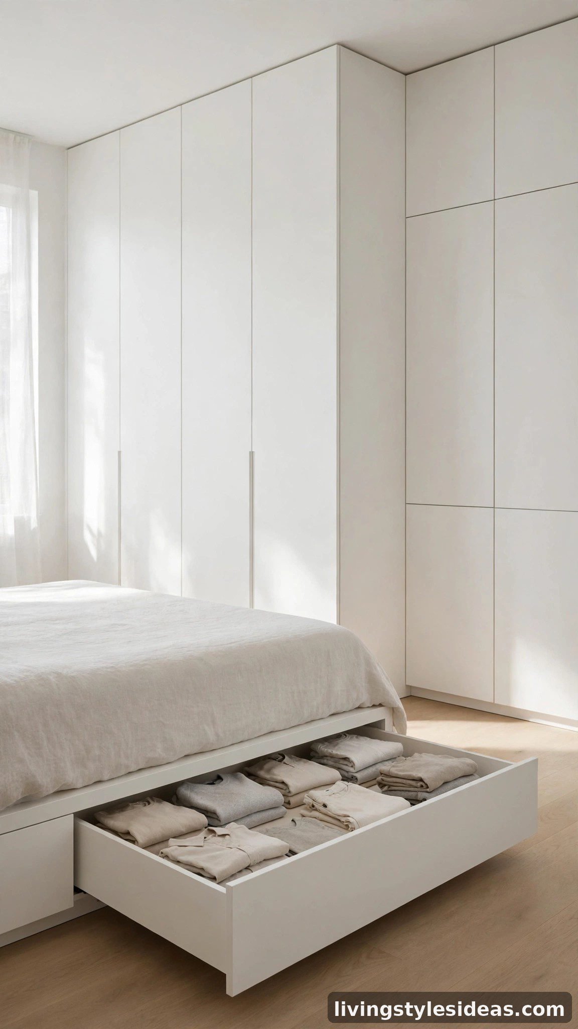 Floor-to-ceiling white built-in cabinets hiding storage in a clutter-free studio
