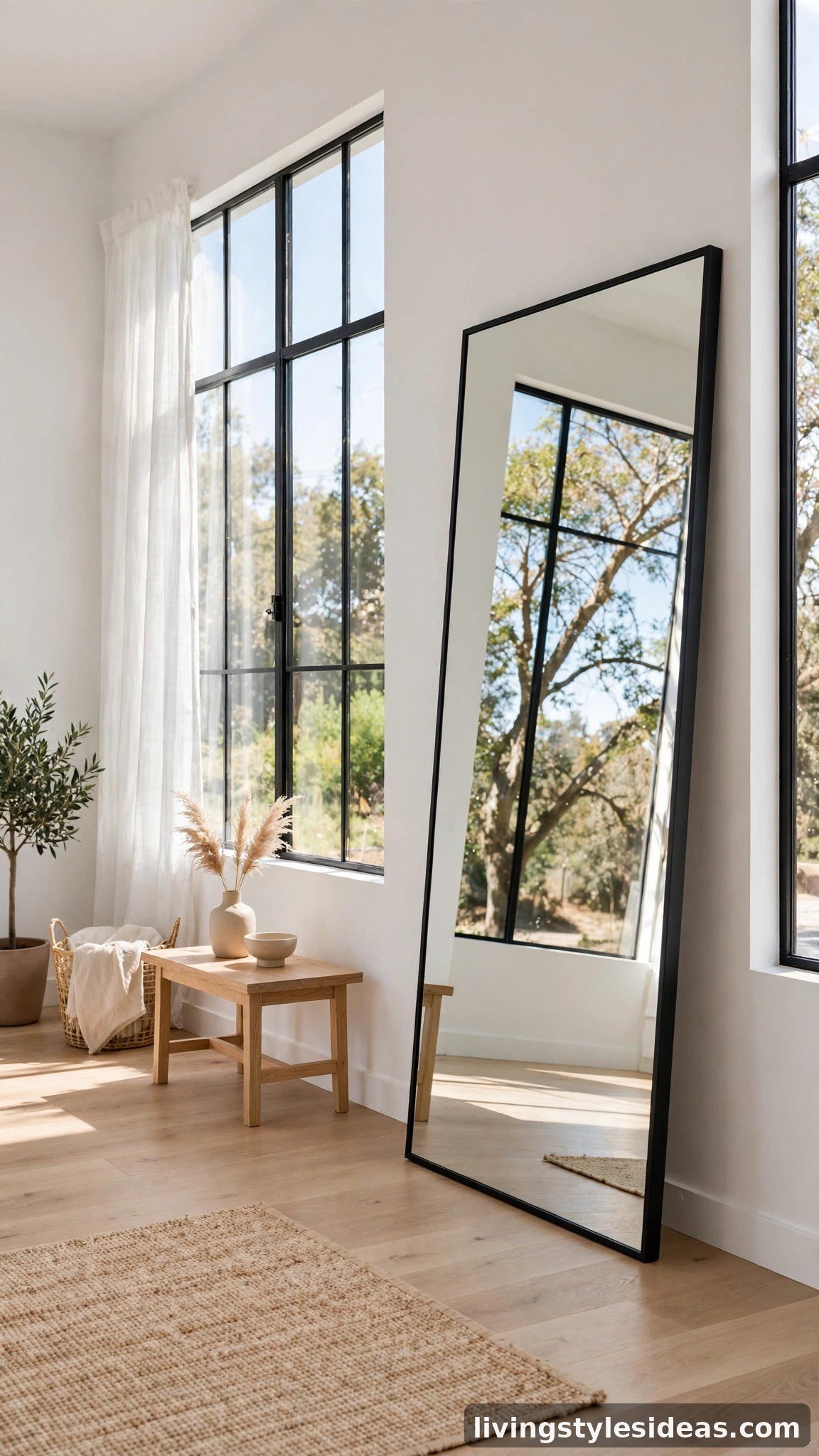 Large floor mirror reflecting window light in a bright minimal studio apartment