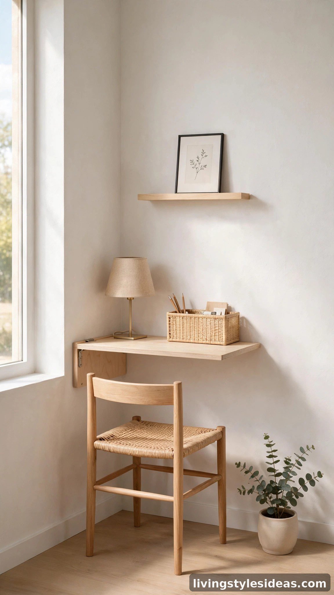 Wall-mounted minimal desk nook with a single chair in a bright studio corner