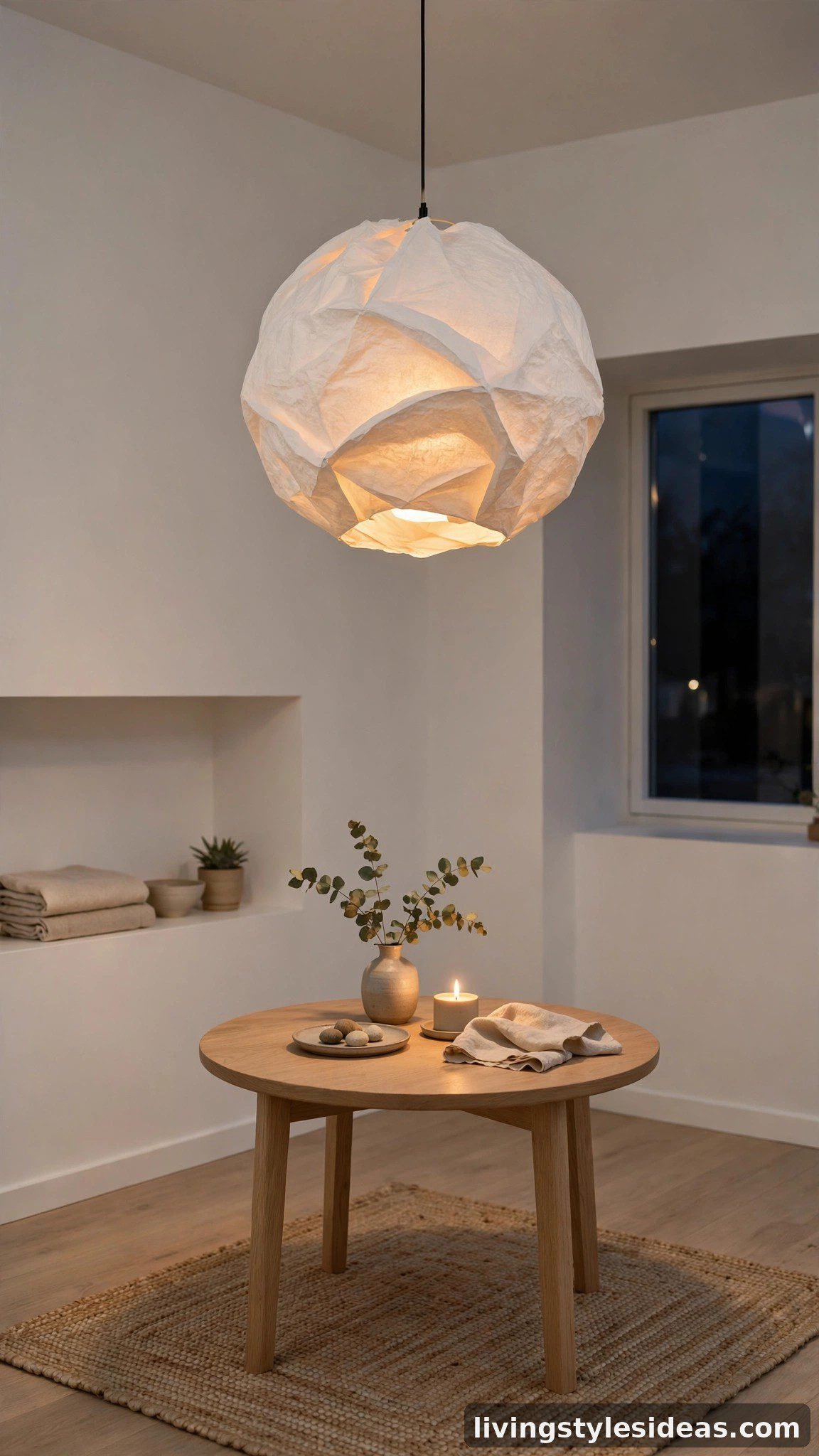 Sculptural pendant light glowing over a minimal dining table in a studio apartment