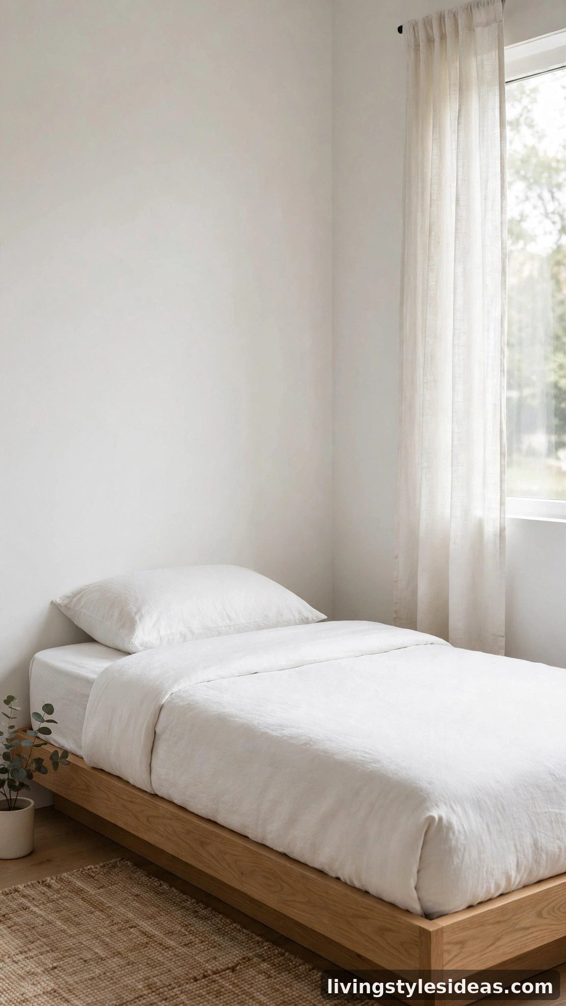 Minimalist studio apartment bedroom with a low platform bed in light oak and plain white bedding