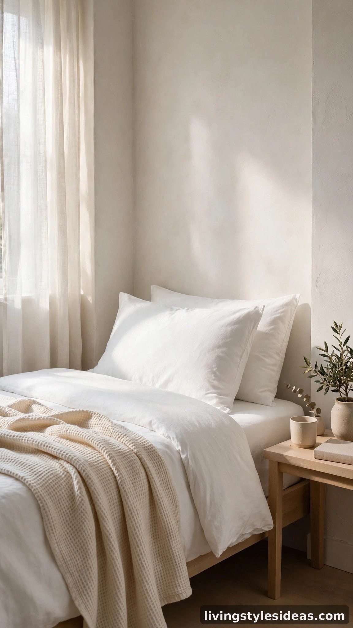 Minimalist studio bed dressed in all-white bedding with one waffle-weave textured throw