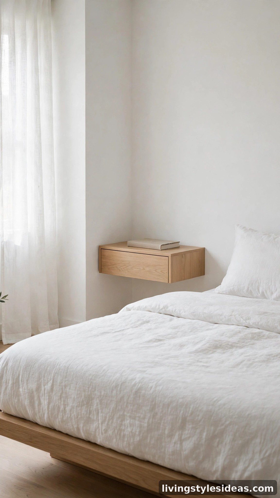 Minimalist studio bedroom with a wall-mounted floating nightstand and visible clean floor