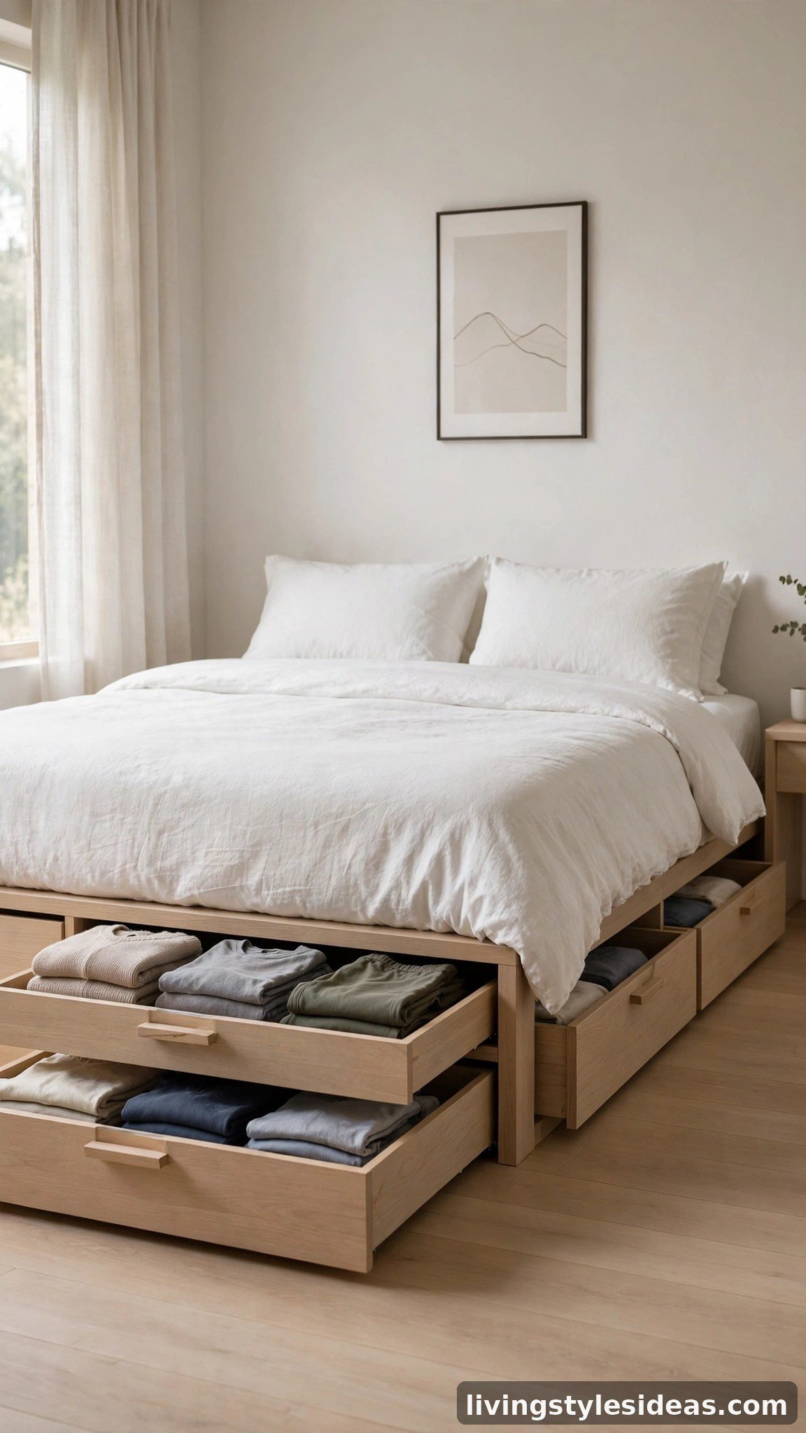 Minimalist studio bed with hidden under-bed storage drawers for a clutter-free sleep zone