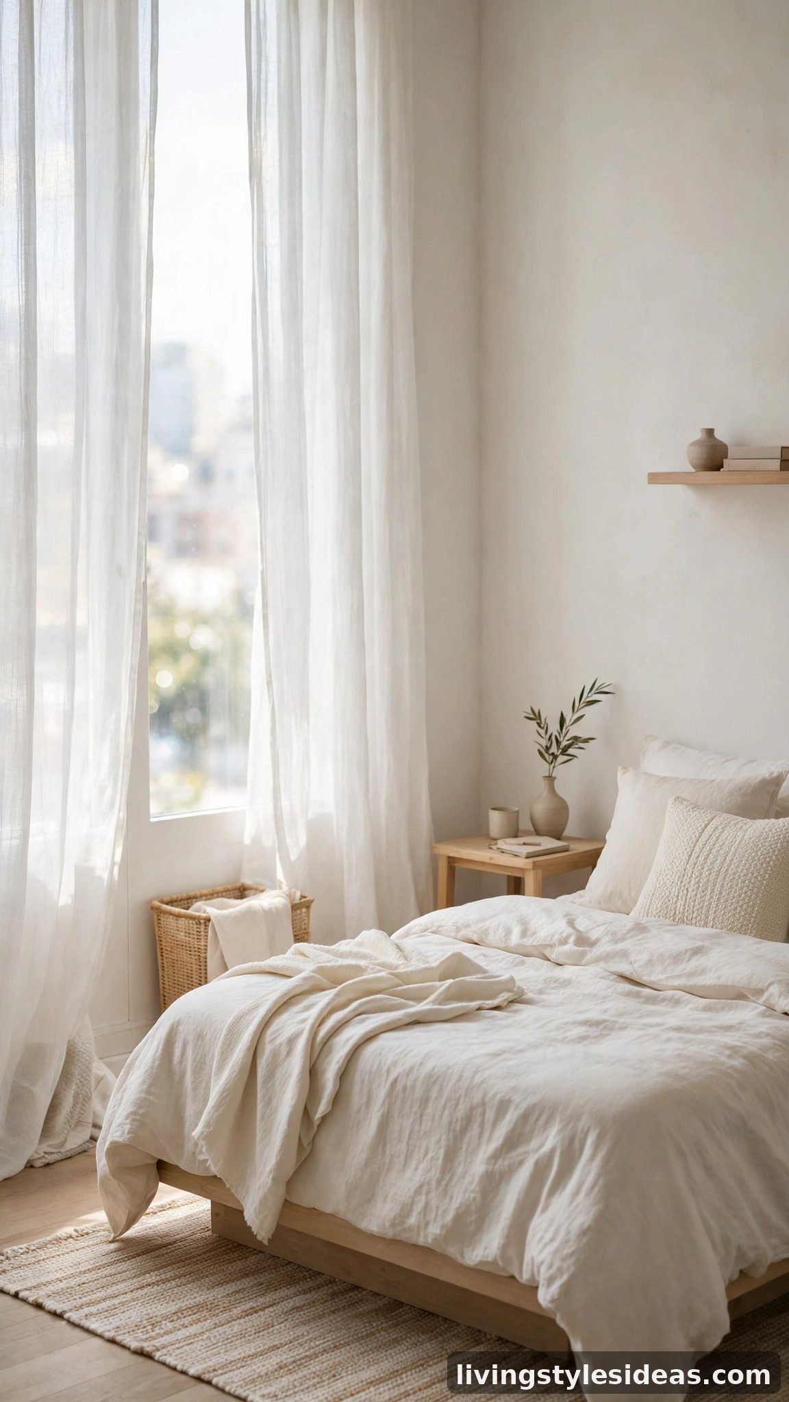 Minimalist studio bedroom corner with sheer white curtains softening daylight beside a low bed