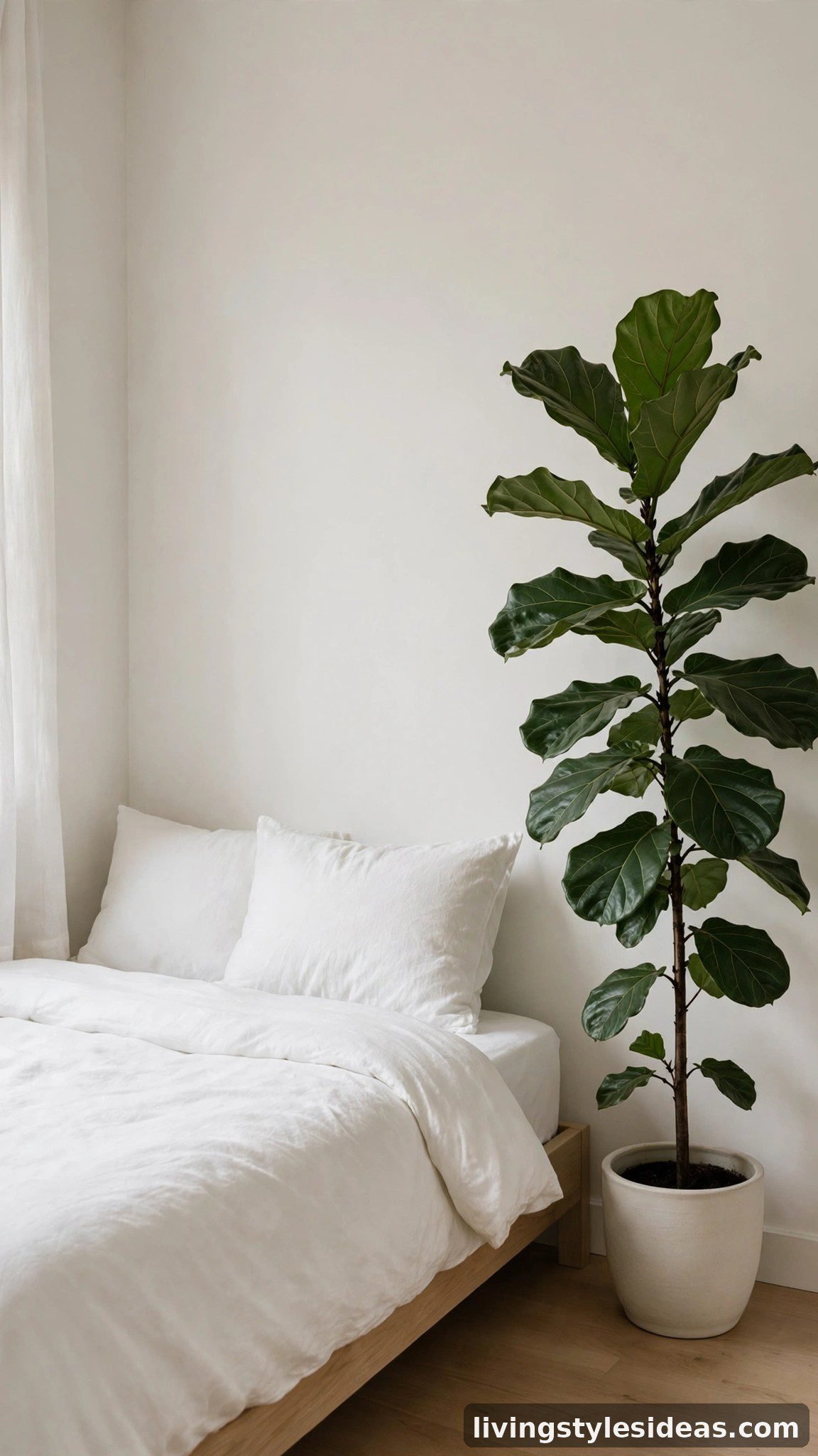 Minimalist studio bed corner with one tall statement plant in a ceramic pot as bedside art