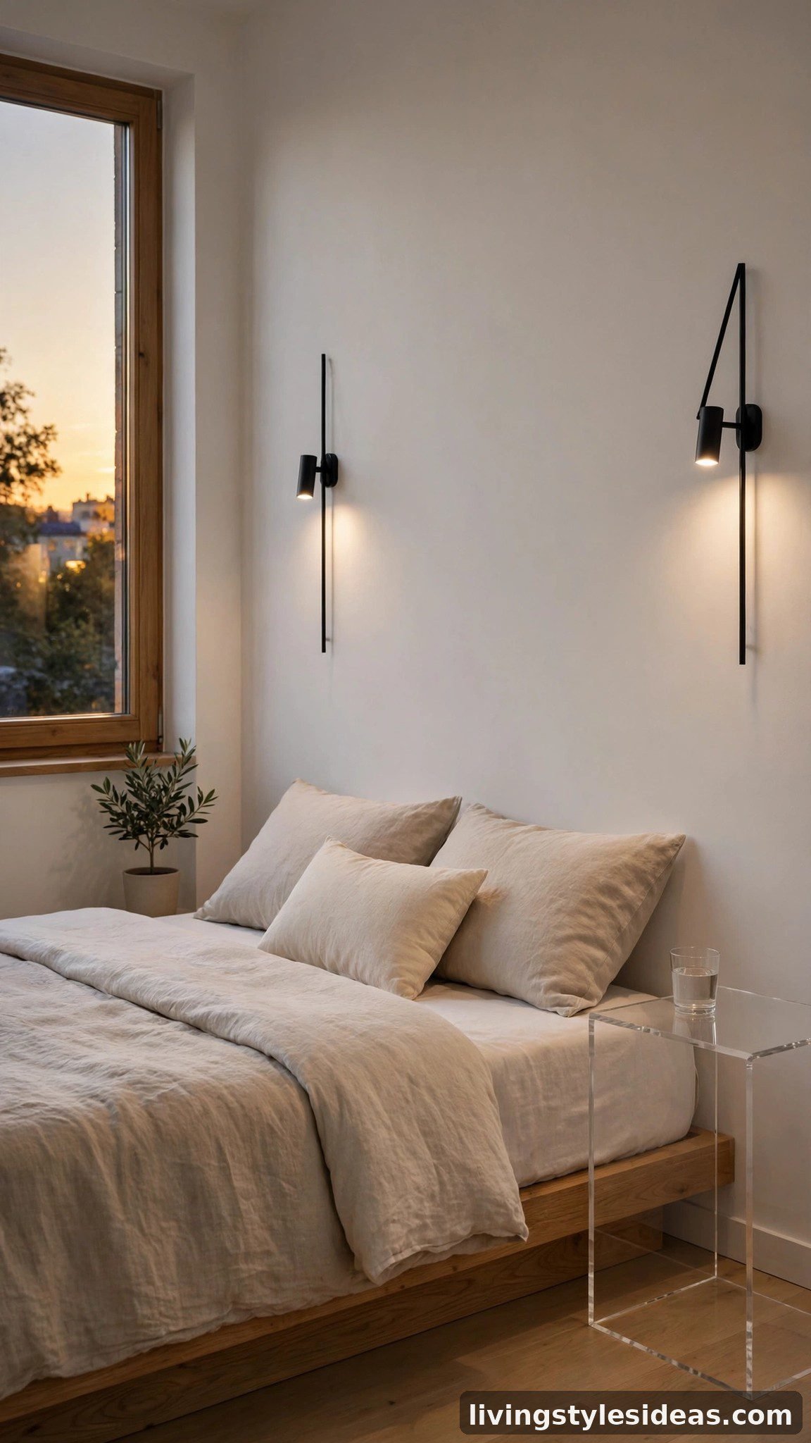 Minimalist studio bedroom with slim wall-mounted reading lights and a clear nightstand surface