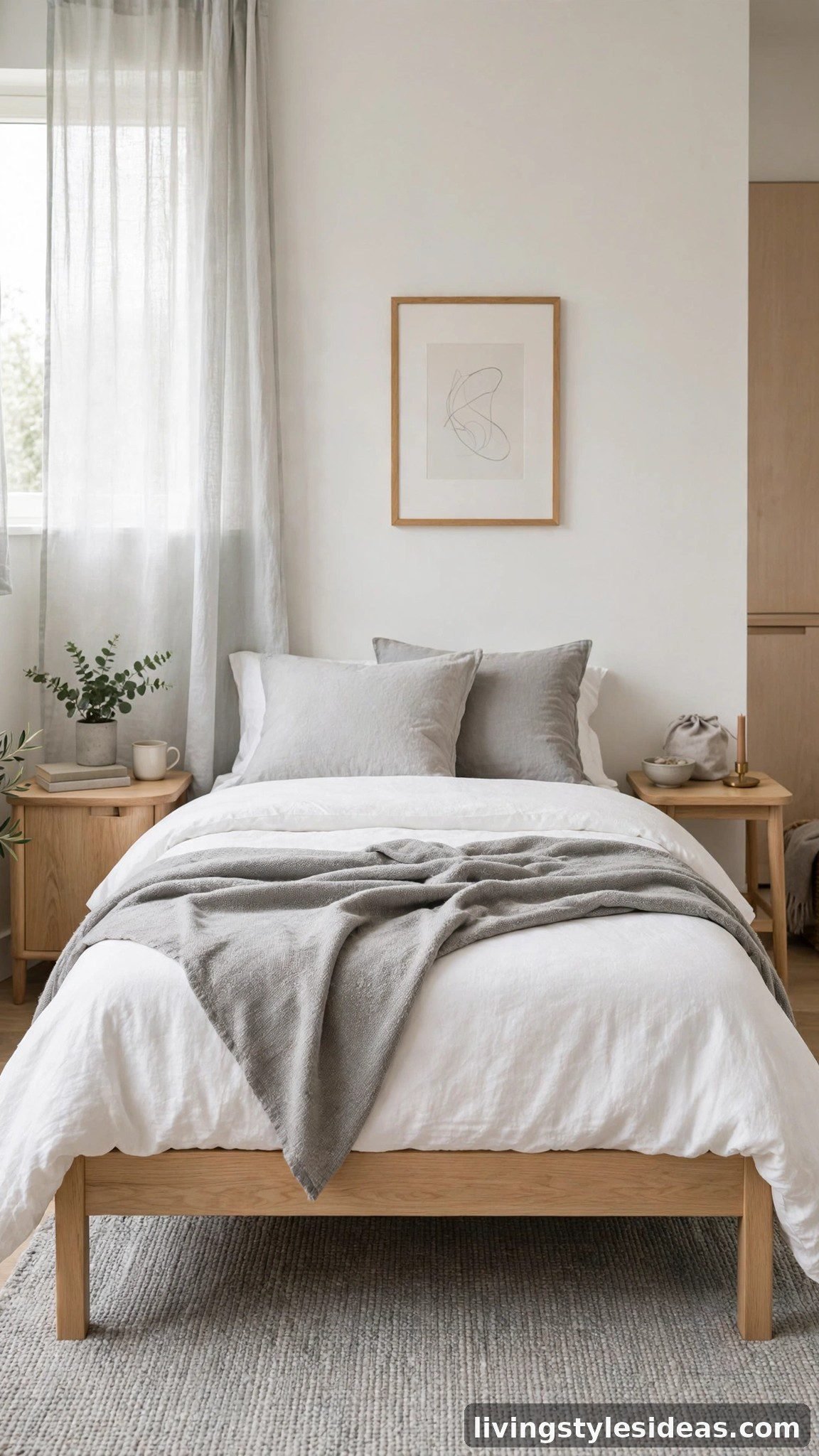 Minimalist studio bedroom zone in a neutral palette of white, light oak and soft gray