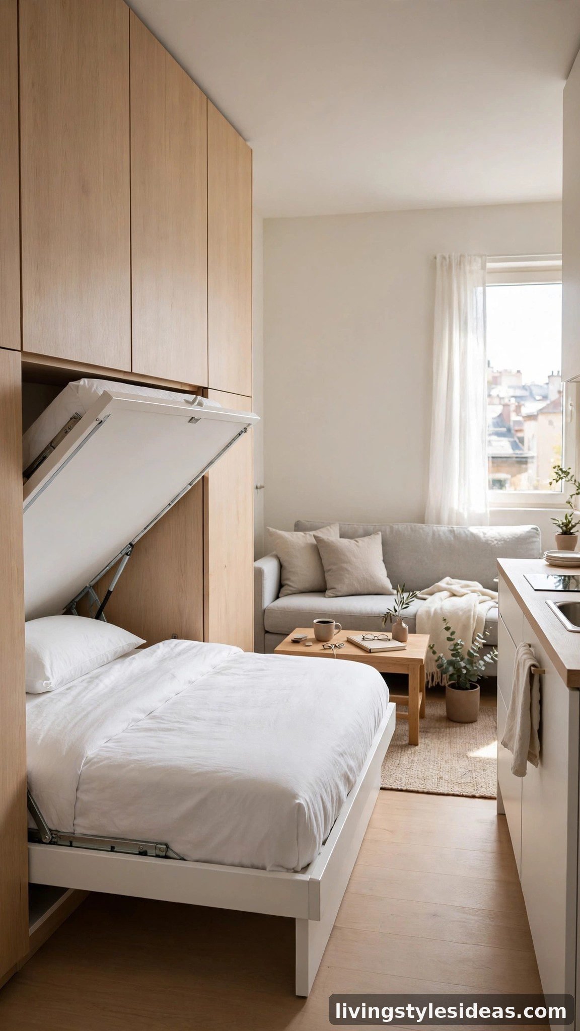 Tiny minimalist studio apartment with a white murphy fold-down bed and open living space