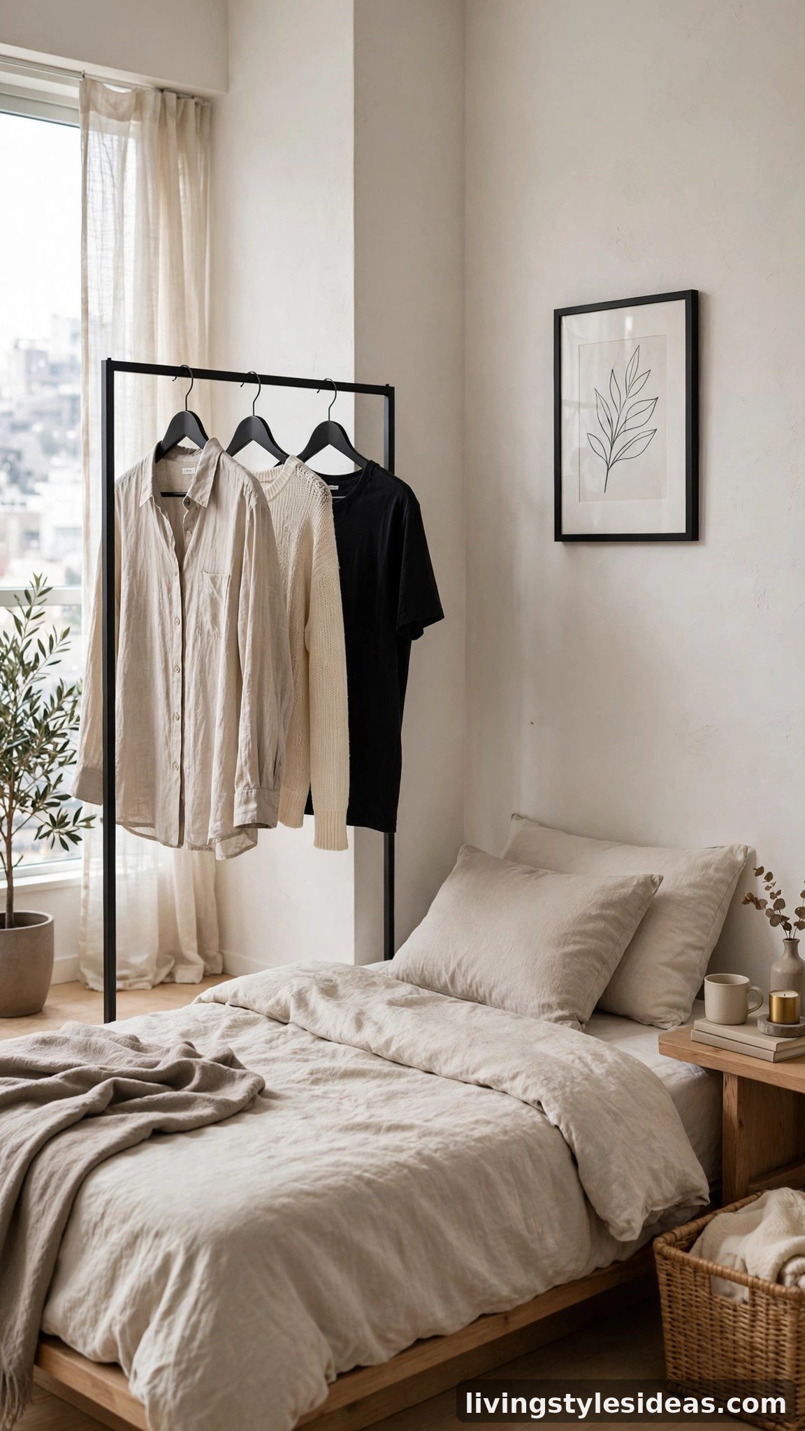 Minimalist studio bedroom with a slim open clothing rail instead of a bulky wardrobe