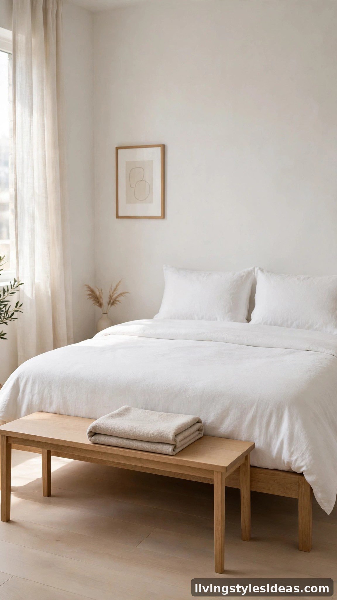 Minimalist studio bed with one slim light oak bench at the foot of the bed