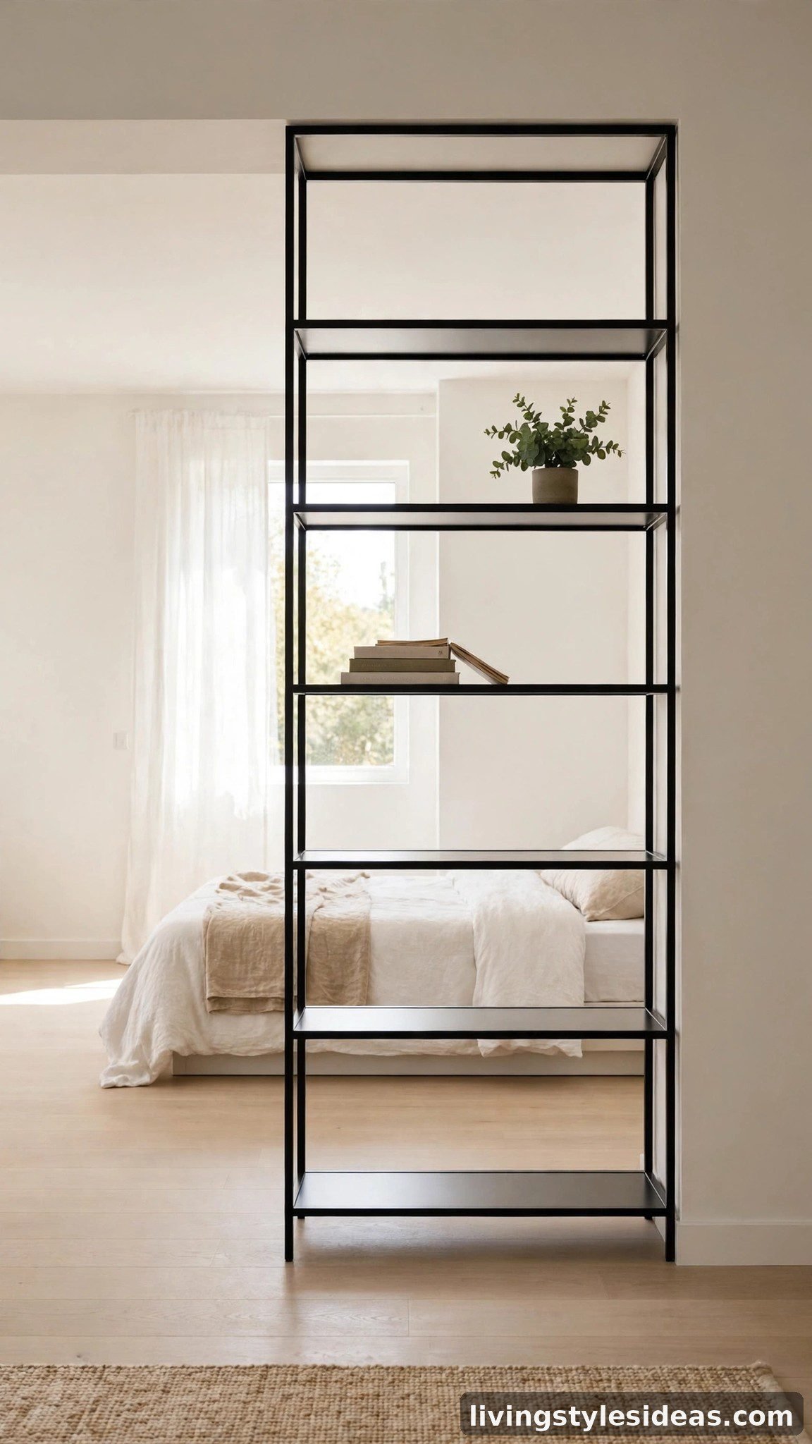 Minimalist studio apartment with a slim open-shelf divider defining the bedroom zone