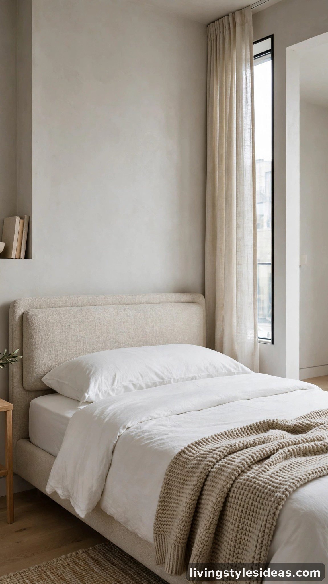 Minimalist studio bed with a single low upholstered headboard panel in oatmeal fabric