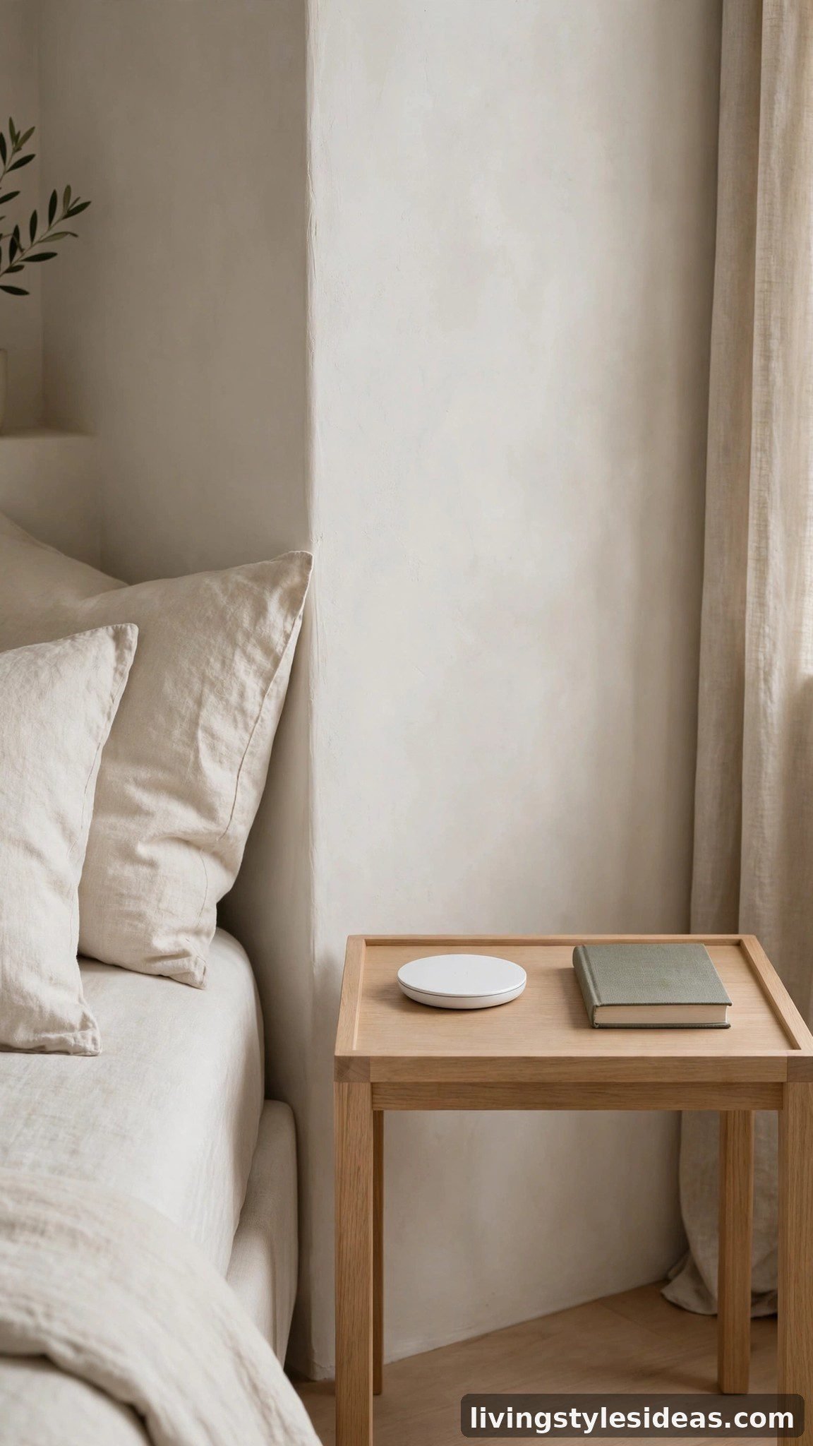 Minimalist studio bedside with a cable-free clear nightstand and wireless charging pad