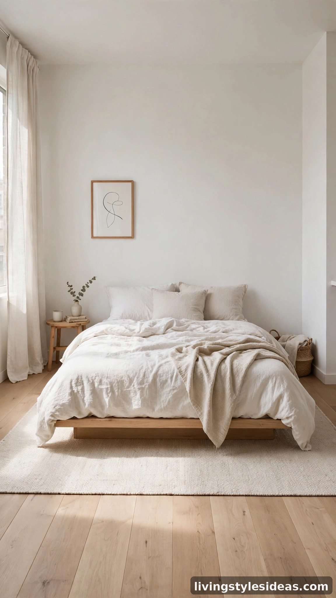 Minimalist studio bedroom with bare wood floor and one flat-weave ivory rug under the bed