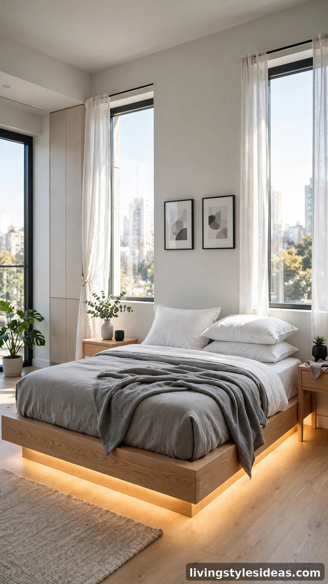 Modern studio apartment bedroom with a low platform bed and warm LED underglow lighting