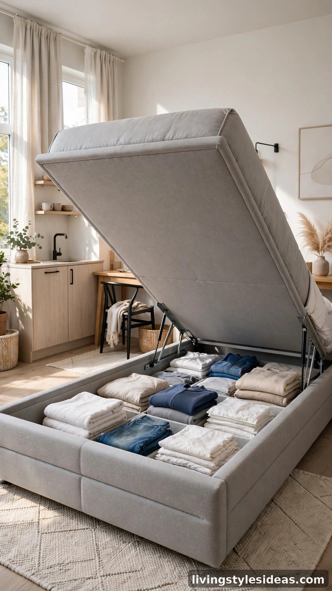 Modern studio bedroom with a lift-up storage bed revealing hidden storage for clothes and linens