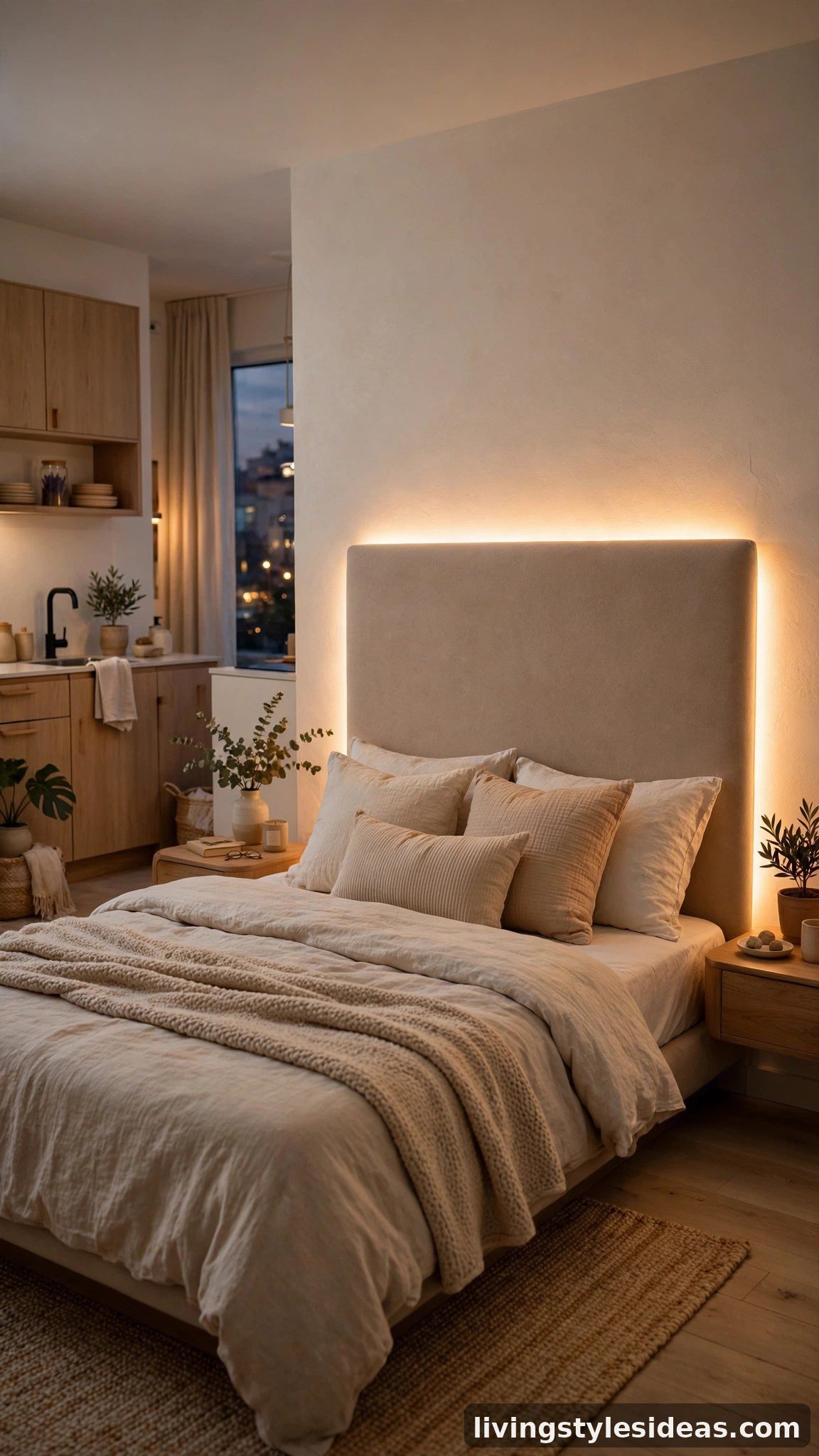 Modern studio bed with a backlit headboard panel casting warm ambient light in a small apartment