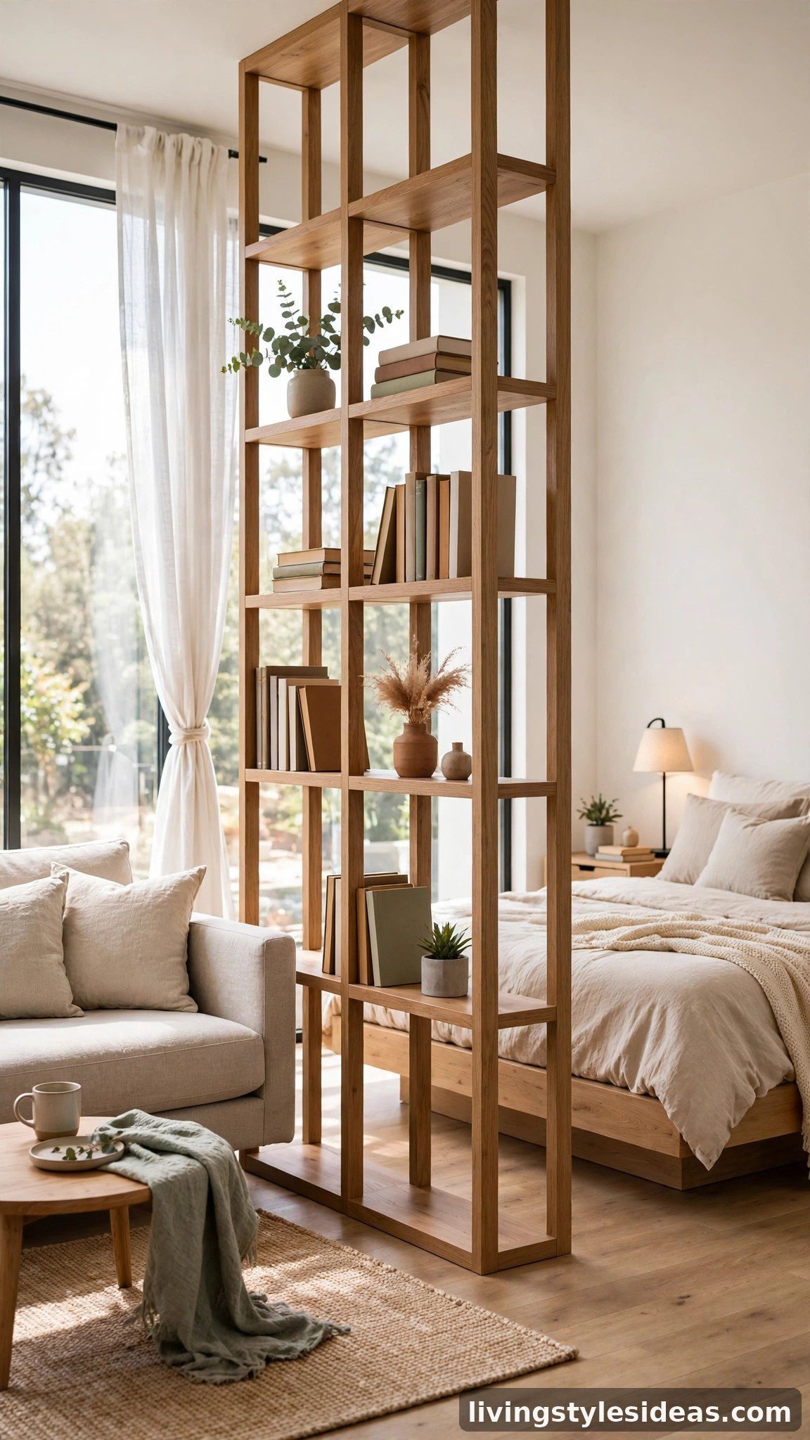 Modern studio apartment with an open bookshelf divider separating the bedroom zone from living space