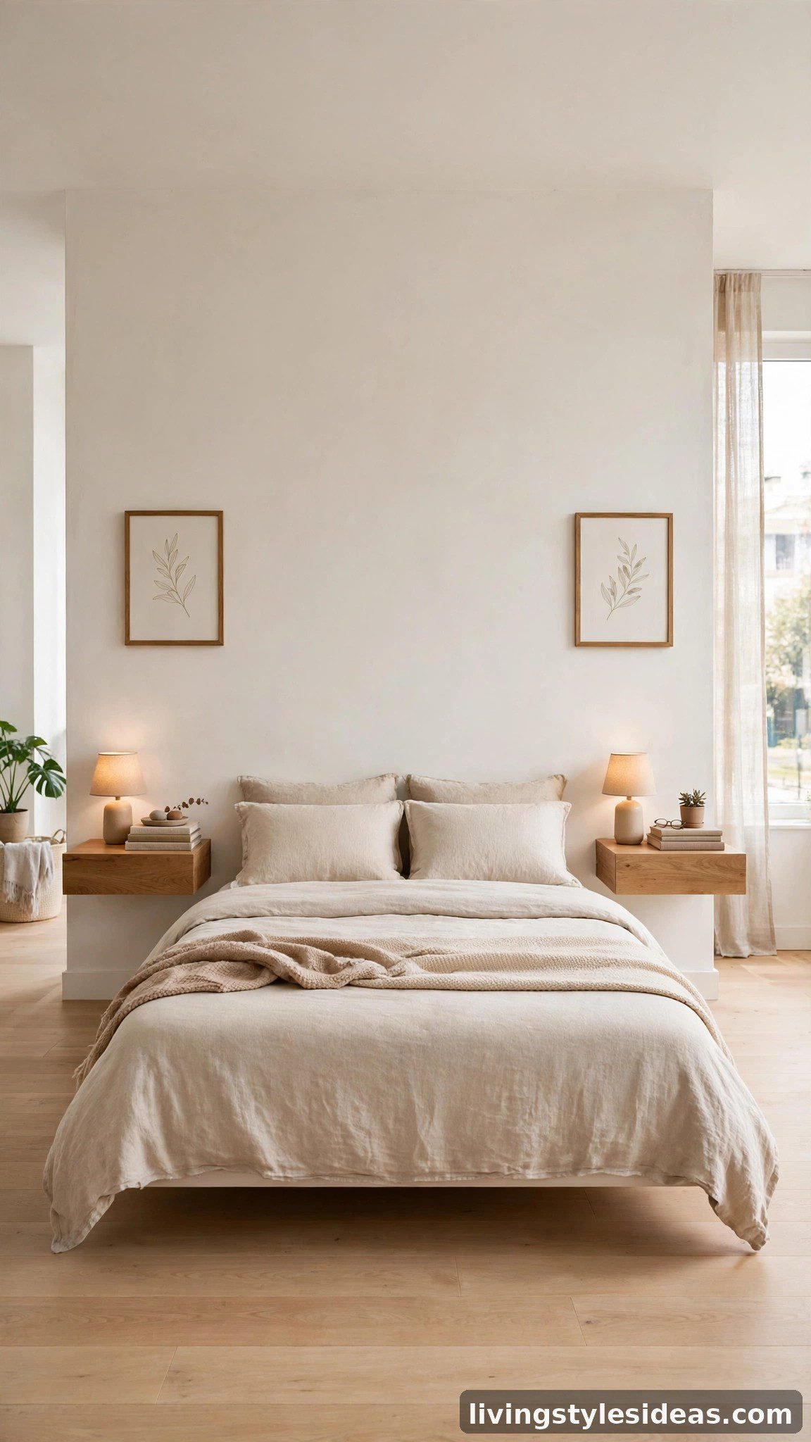 Modern studio bedroom with wall-mounted floating nightstands and a clean visible floor