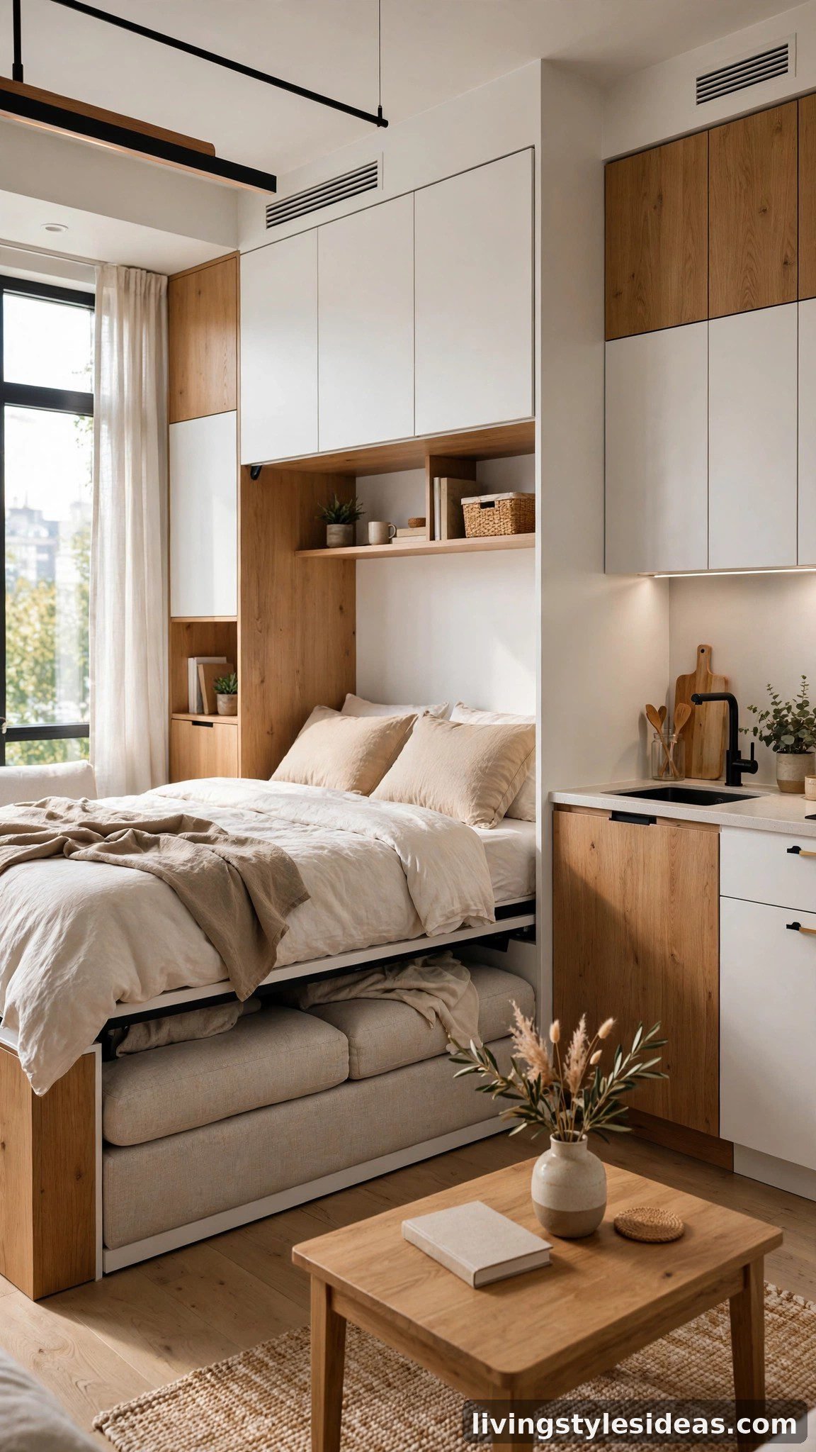 Modern studio apartment with a murphy bed and integrated sofa for day-to-night living