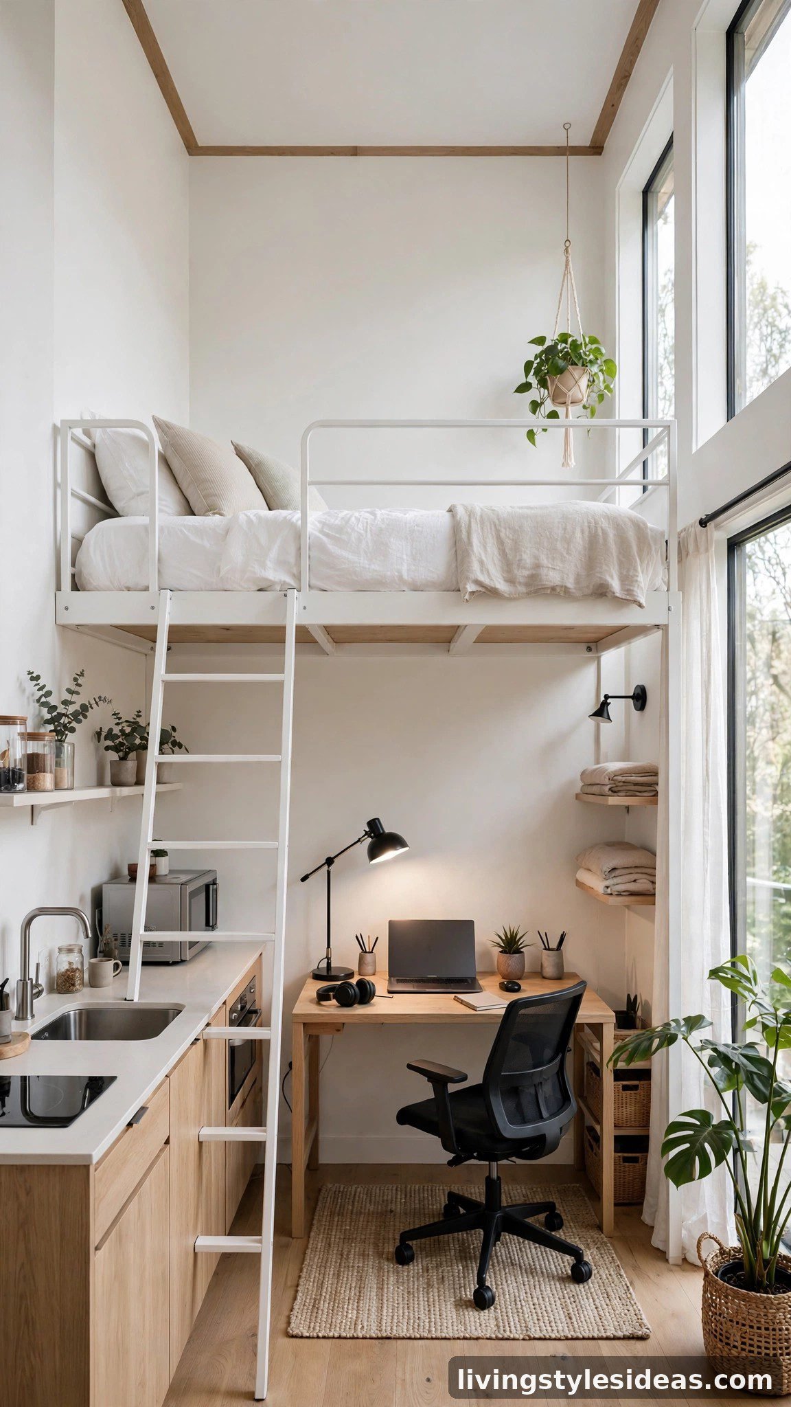 Modern studio apartment loft bed with a compact desk workspace underneath for small-space living