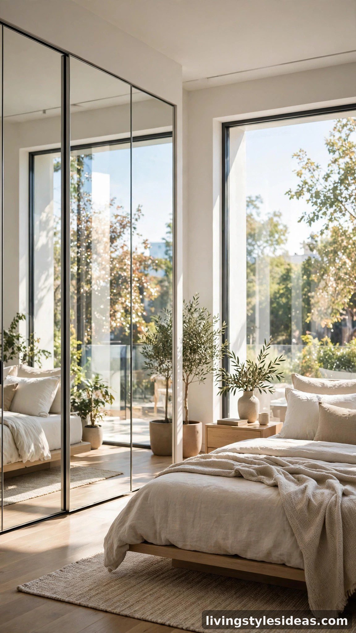 Modern studio bedroom with mirrored sliding wardrobe doors reflecting light across the sleep zone