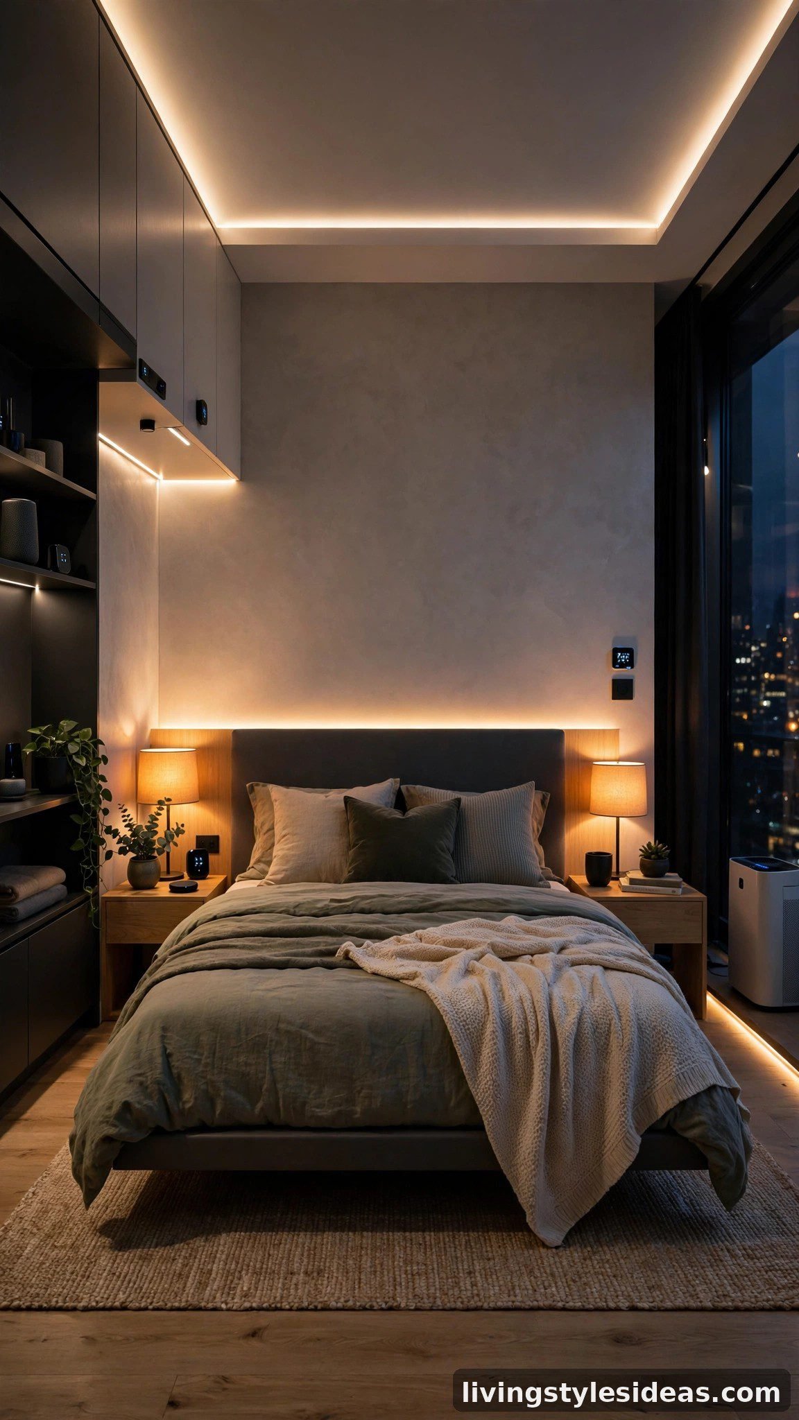 Modern studio bedroom layered with smart LED strip lighting and warm dimmable lamps