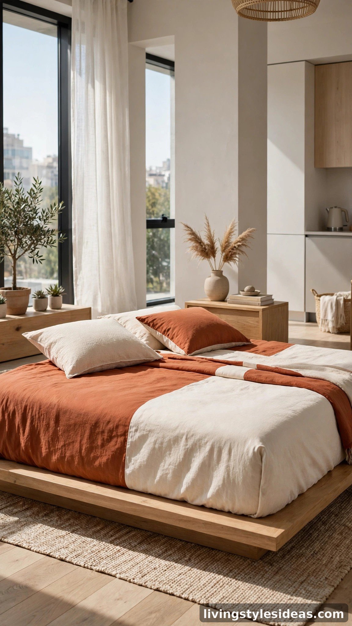 Modern studio bed styled with color-block bedding in clay and cream for a graphic focal point
