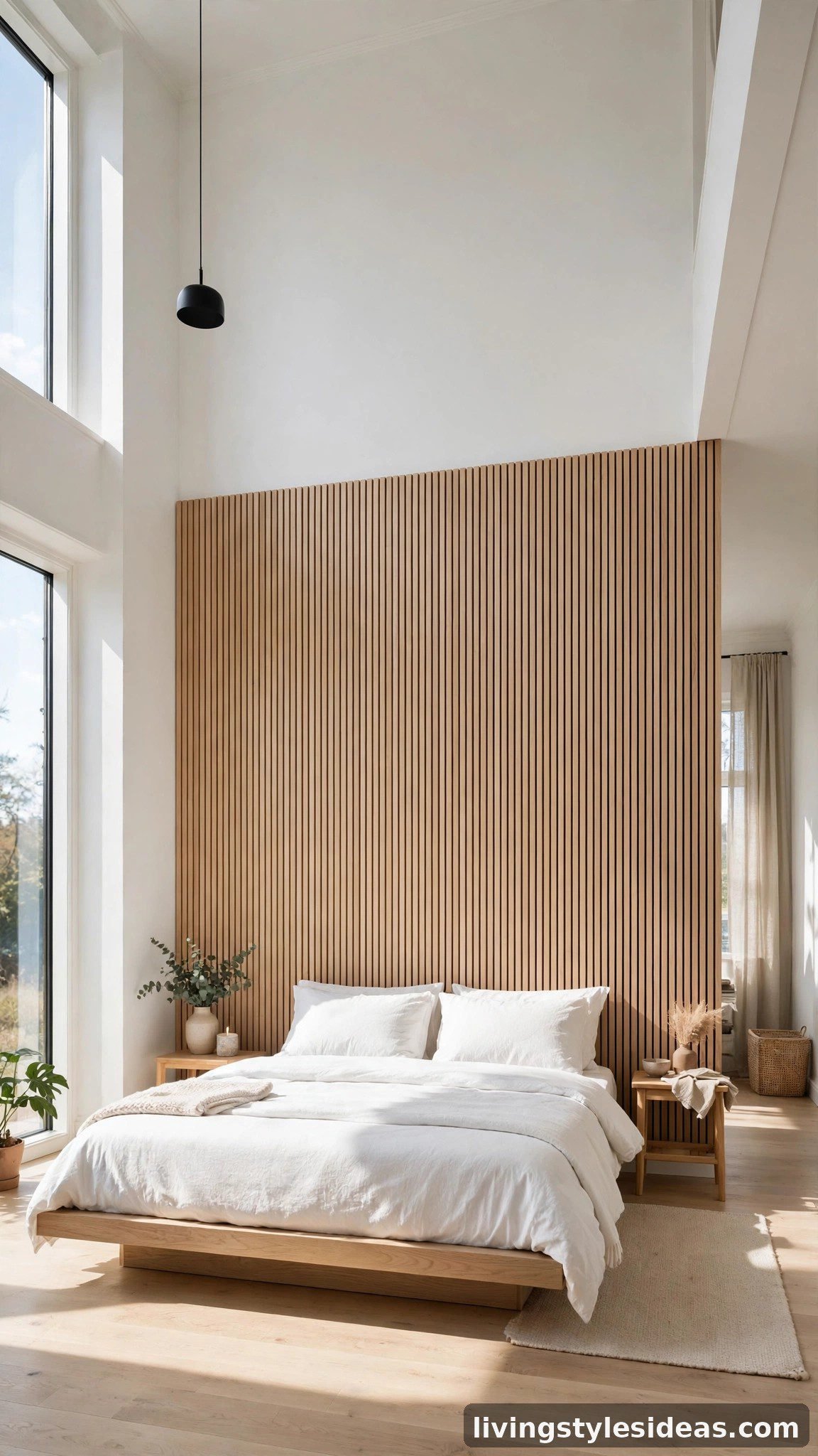 Modern studio bedroom with a slim wood slat accent wall panel behind a low platform bed