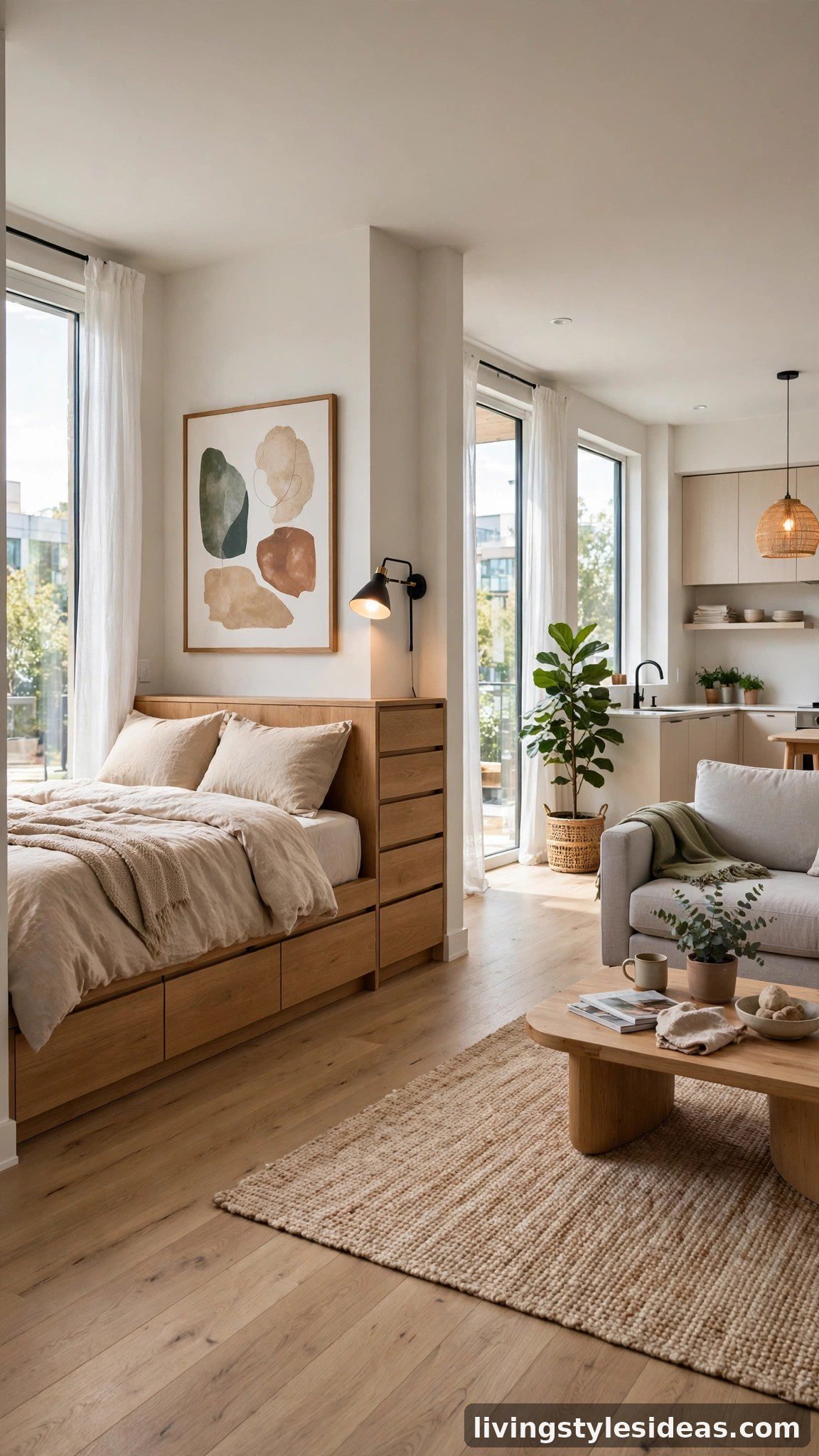Modern studio apartment corner bed with built-in drawer storage and styled wall art above