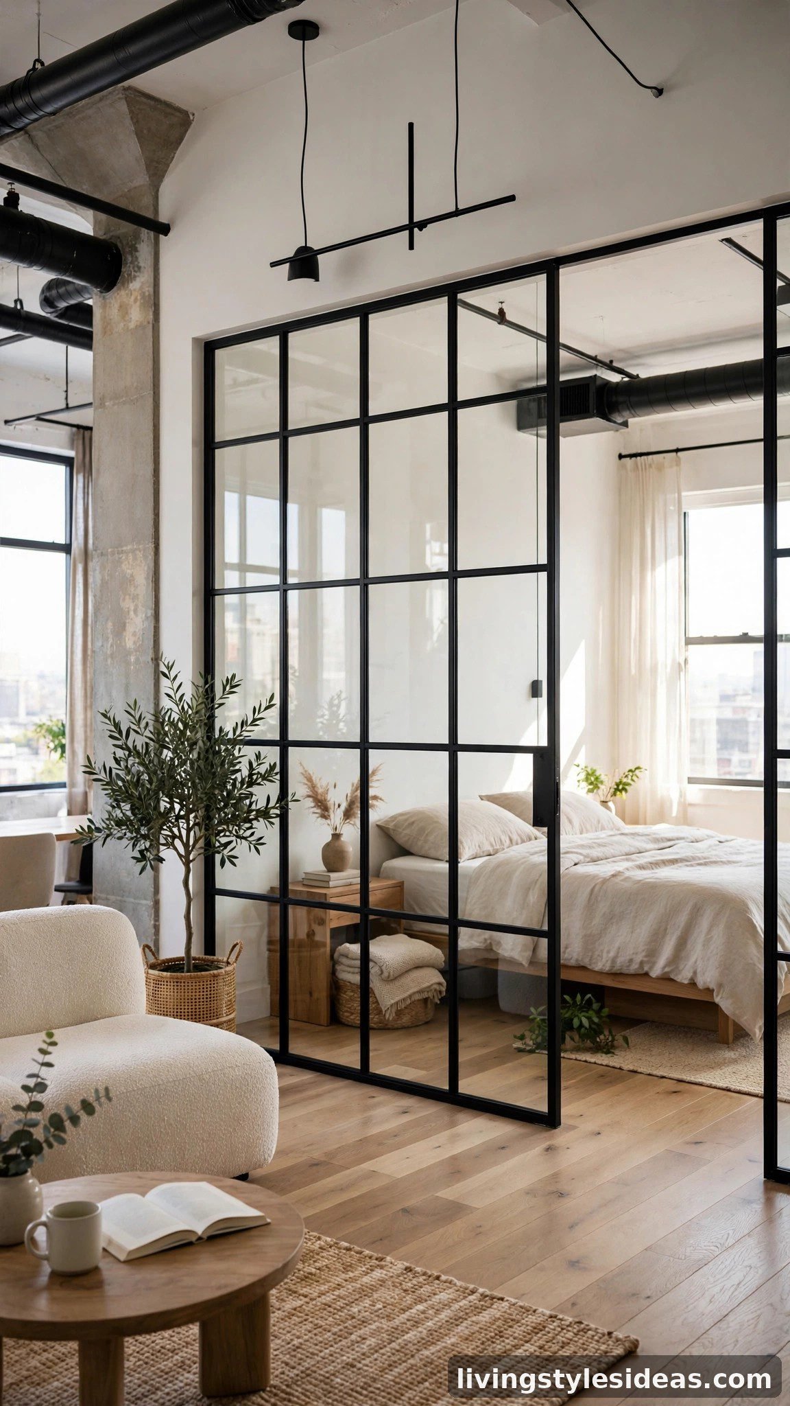 Modern studio apartment bedroom separated by a black-framed glass partition that keeps light flowing