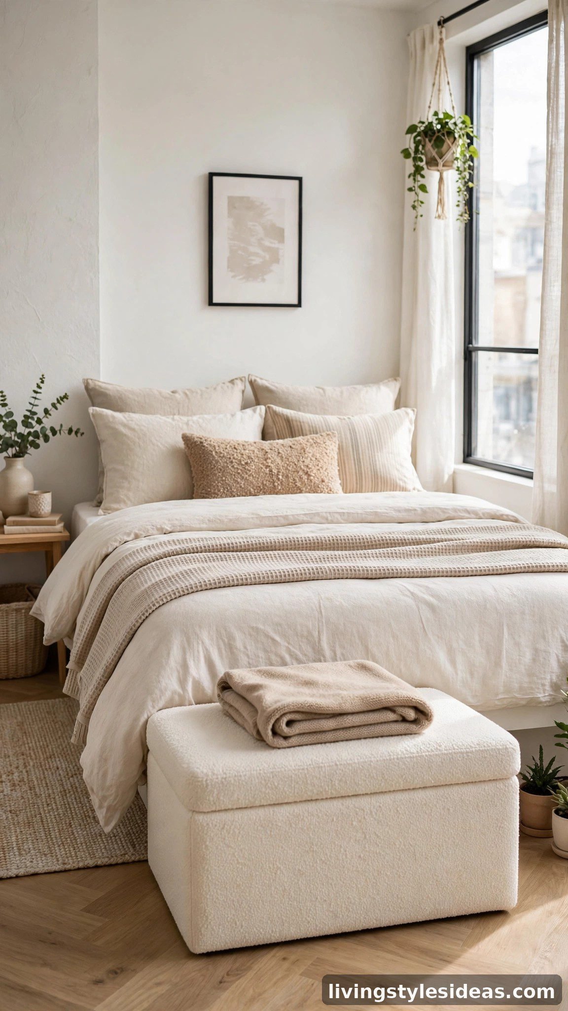 Modern studio bed finished with a storage ottoman bench in boucle fabric at the foot of the bed
