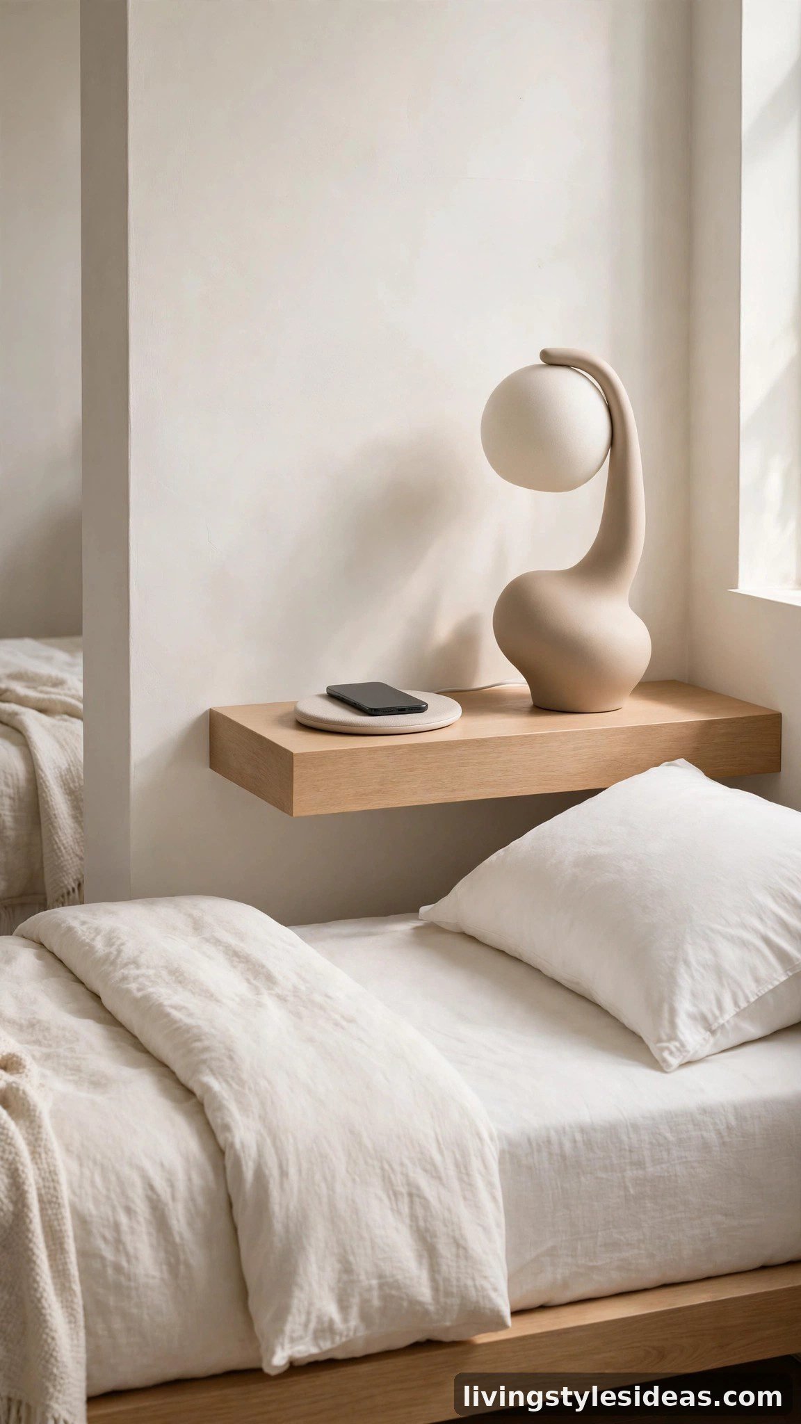 Modern studio bedside with a wireless charging pad, sculptural lamp and a tidy cable-free nightstand