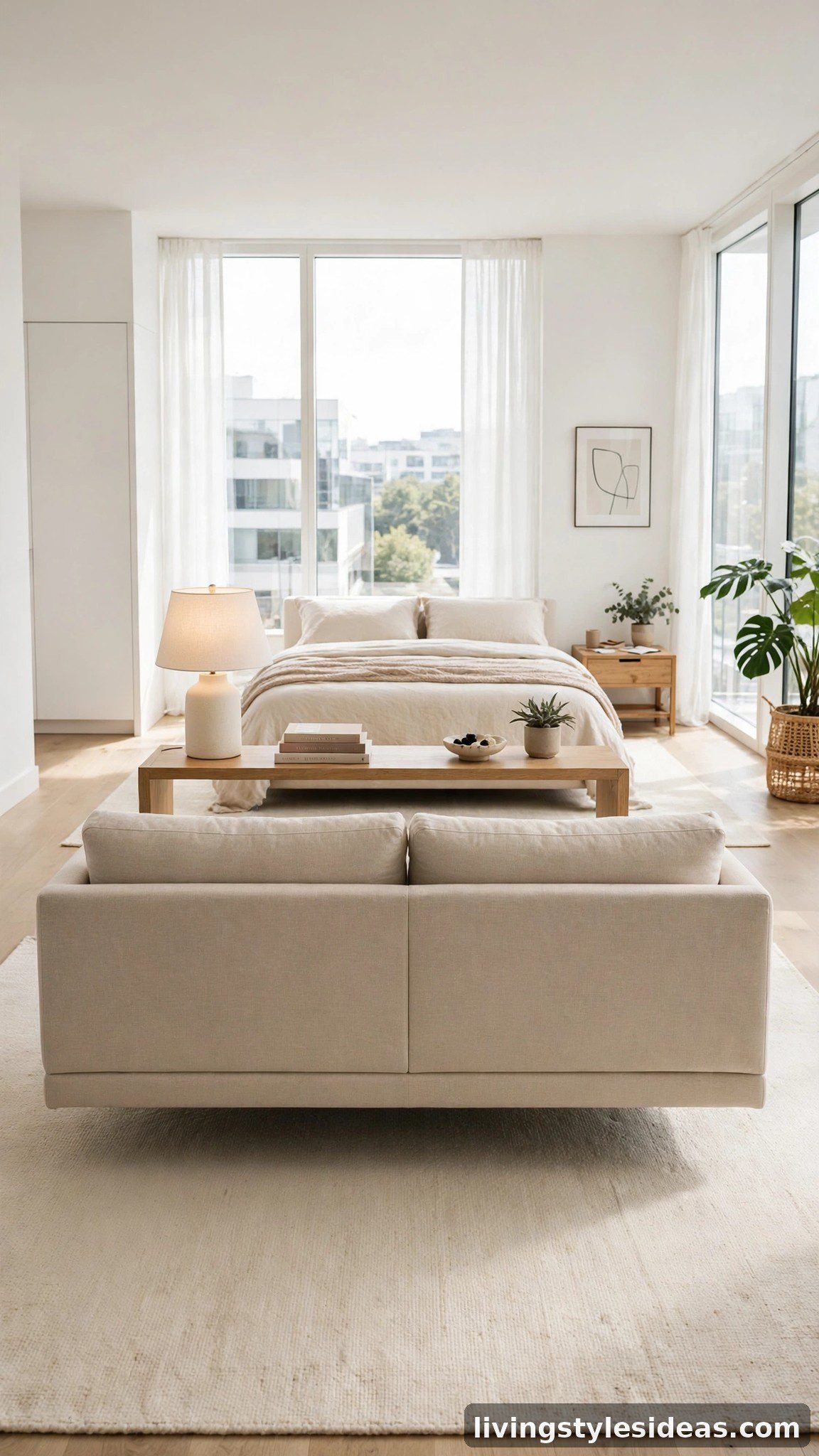 Floating sofa dividing the living and sleeping zones in a modern studio apartment