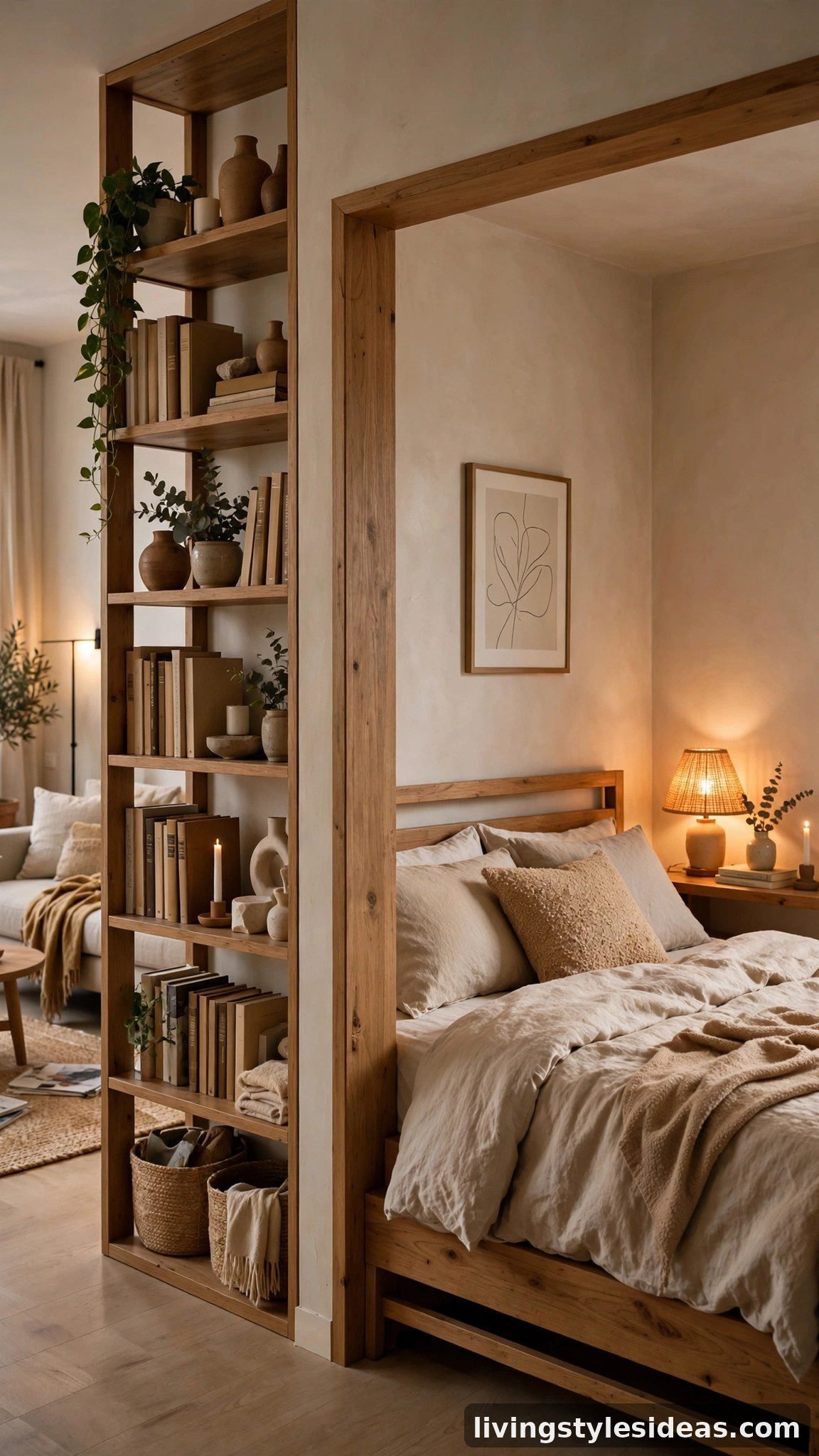 Cozy bed tucked into an alcove nook separated by a bookshelf divider in a modern studio