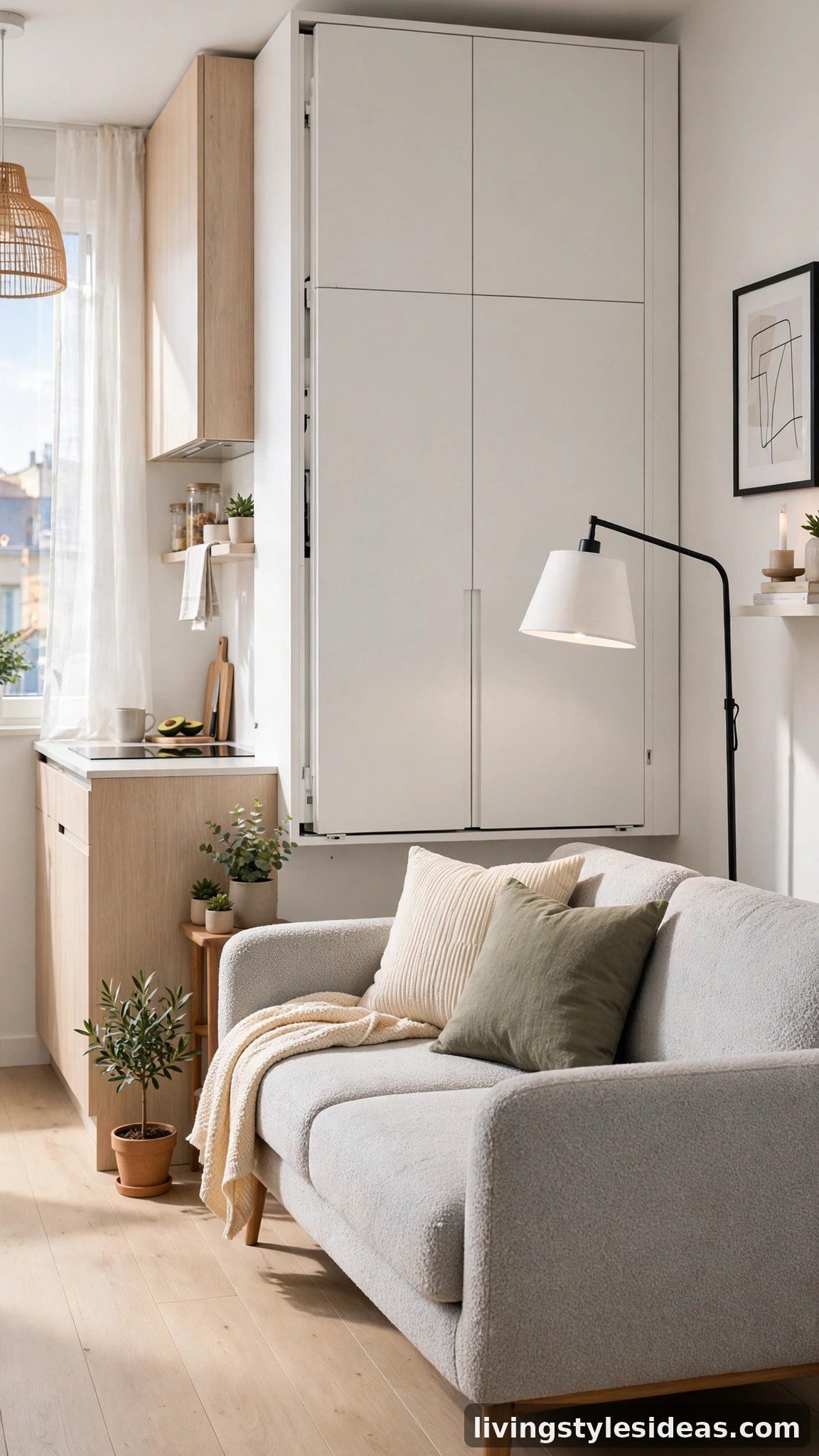 Murphy wall bed folded up to reveal a sofa for daytime living in a modern studio apartment