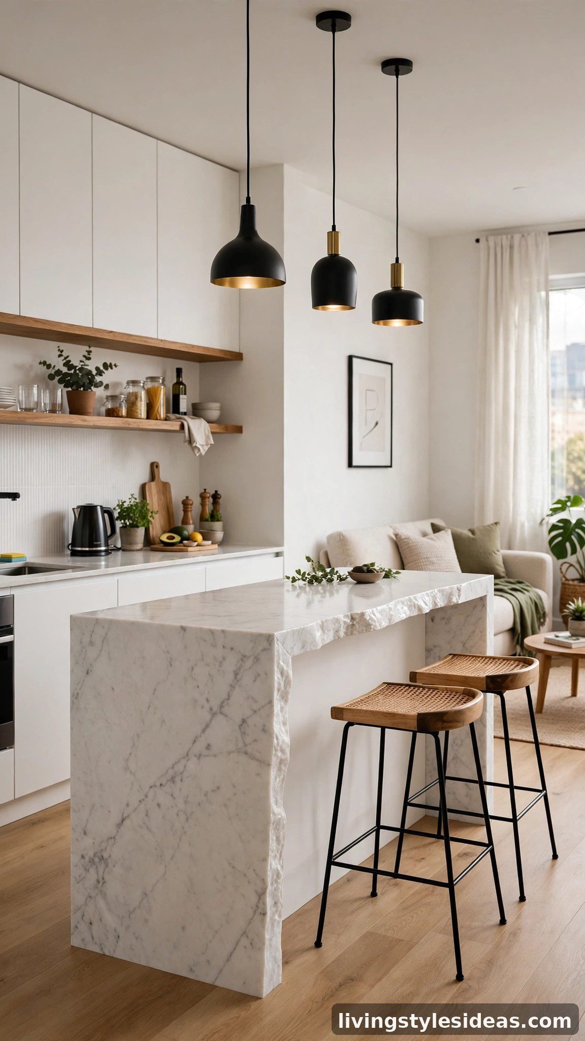Kitchen island with bar stools doubling as a dining table in a modern studio layout