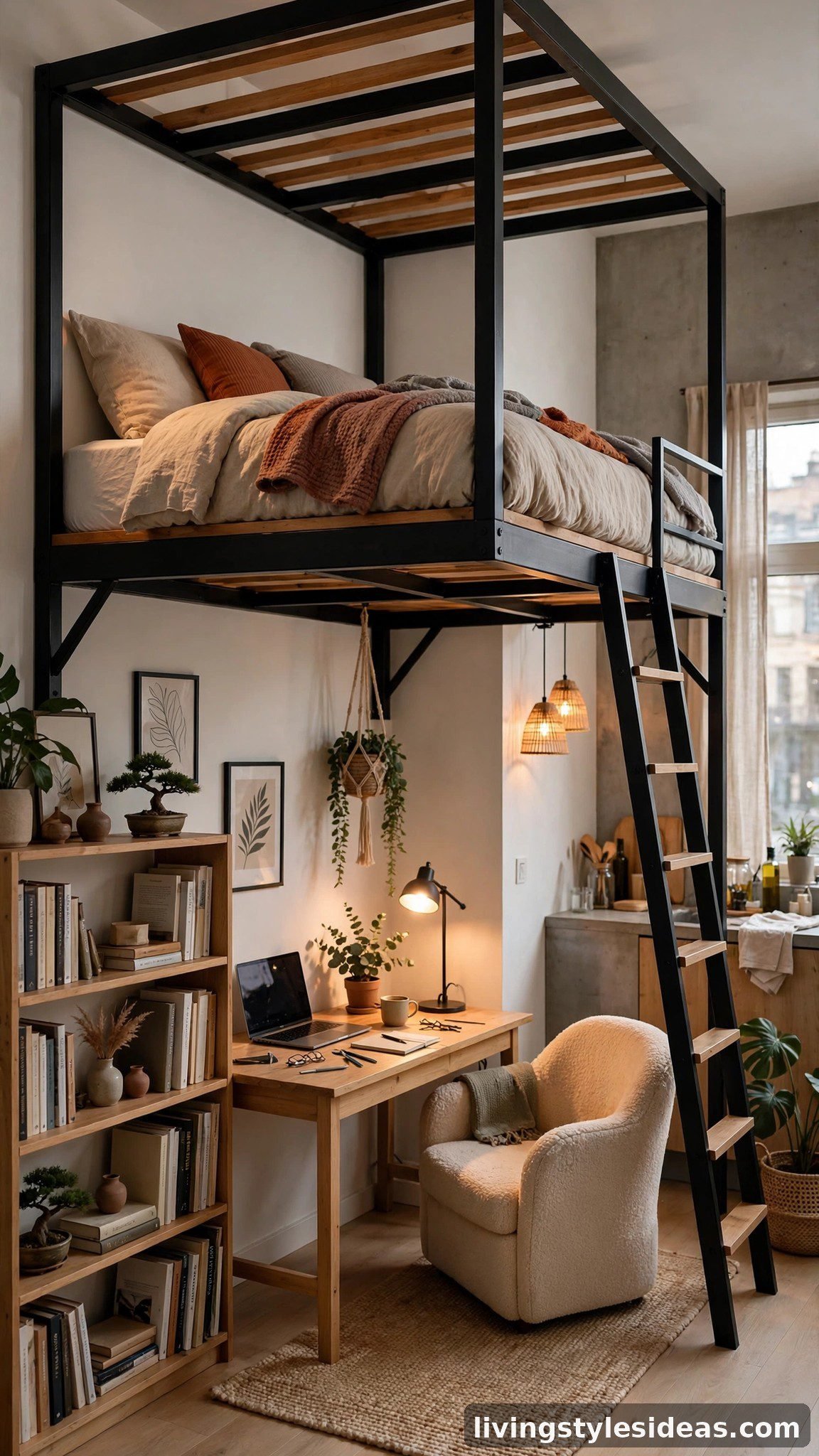 Loft bed with a home office workspace underneath in a modern studio apartment
