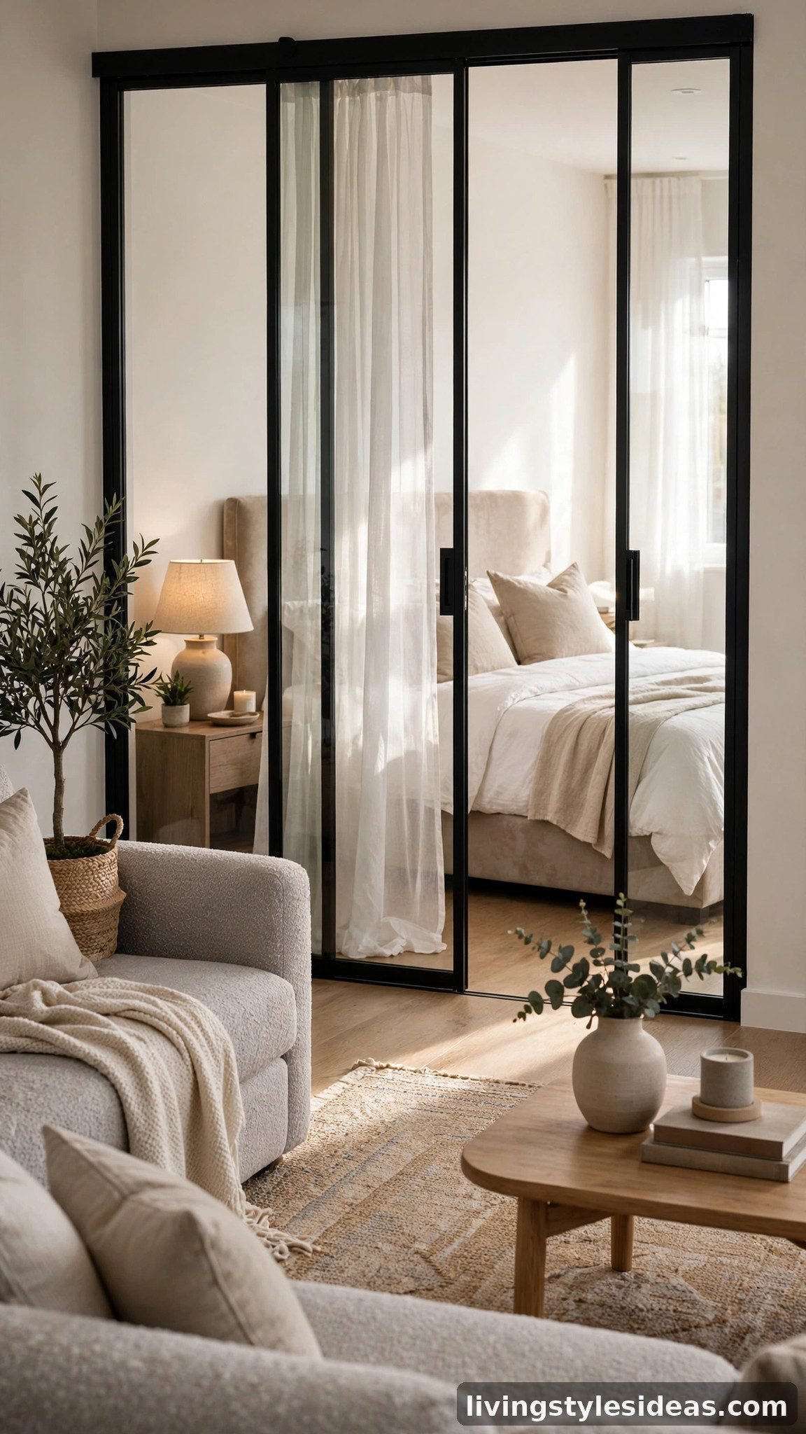Black-framed glass sliding doors separating the bedroom zone in a modern studio