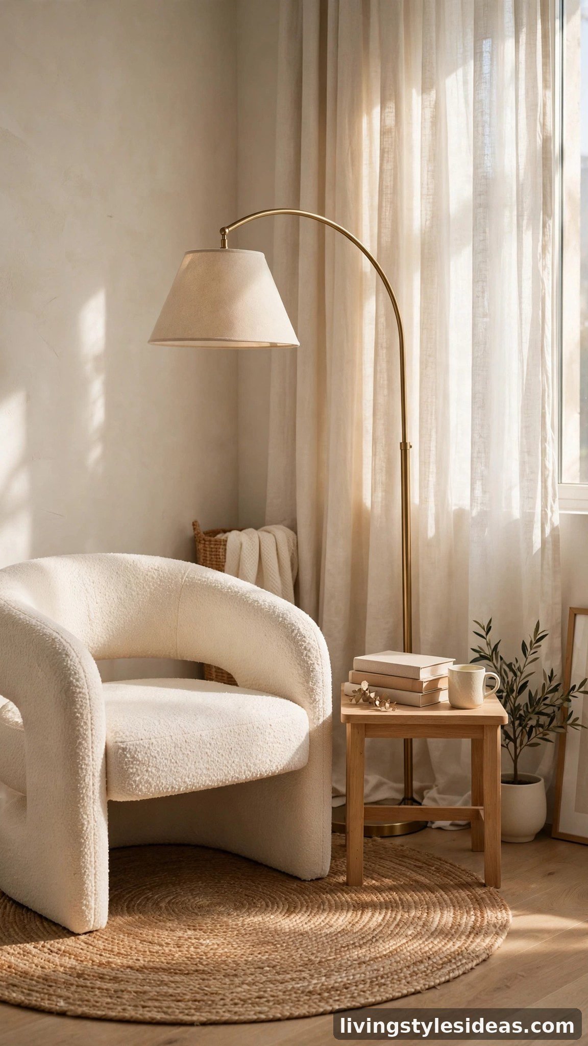 Curved boucle chair and round rug creating a reading zone in a modern studio apartment